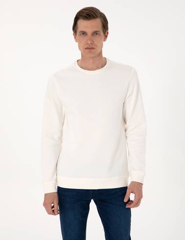 Ekru 3 İplik Regular Fit Bisiklet Yaka Basic Sweatshirt