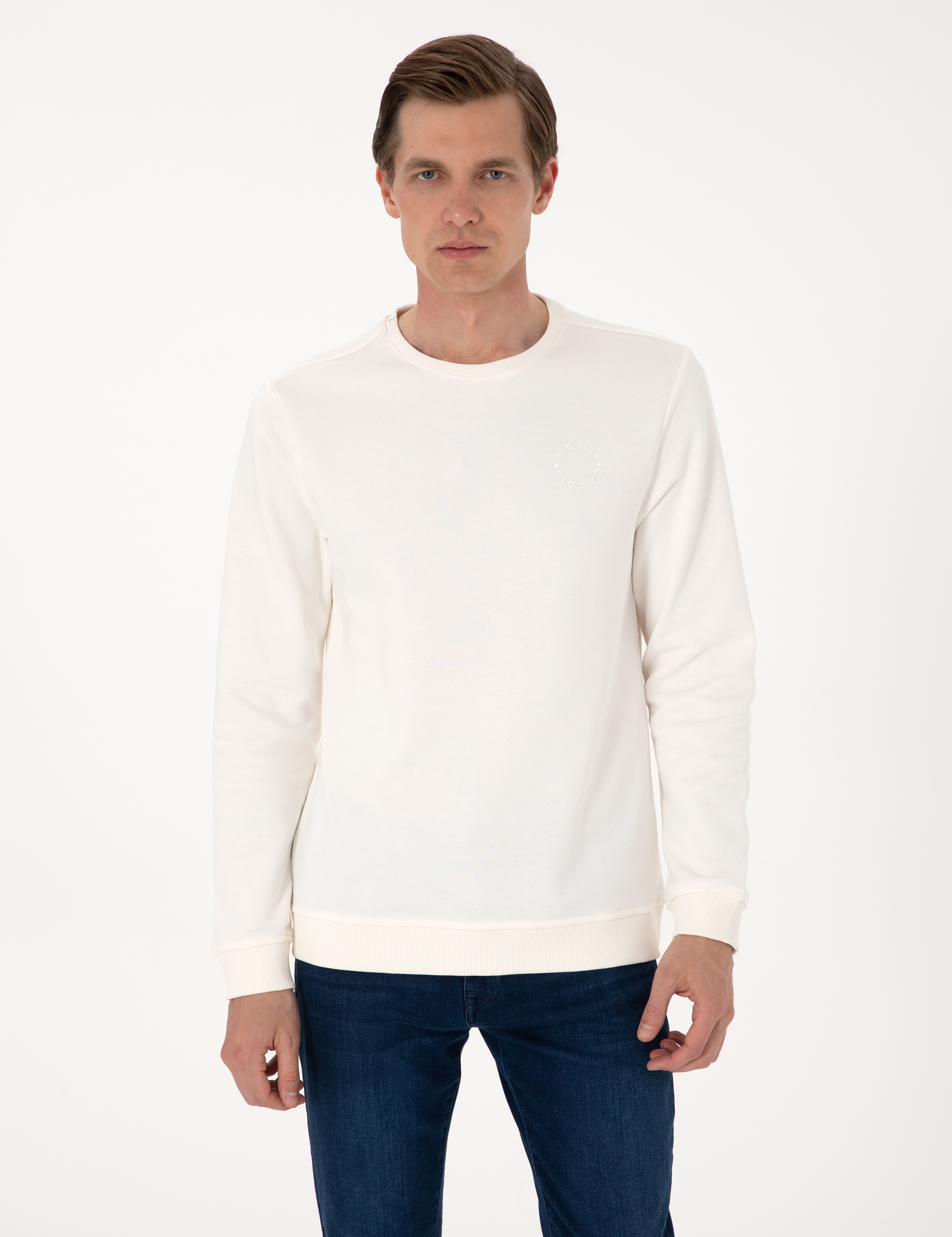 Ekru 3 İplik Regular Fit Bisiklet Yaka Basic Sweatshirt - Image 1