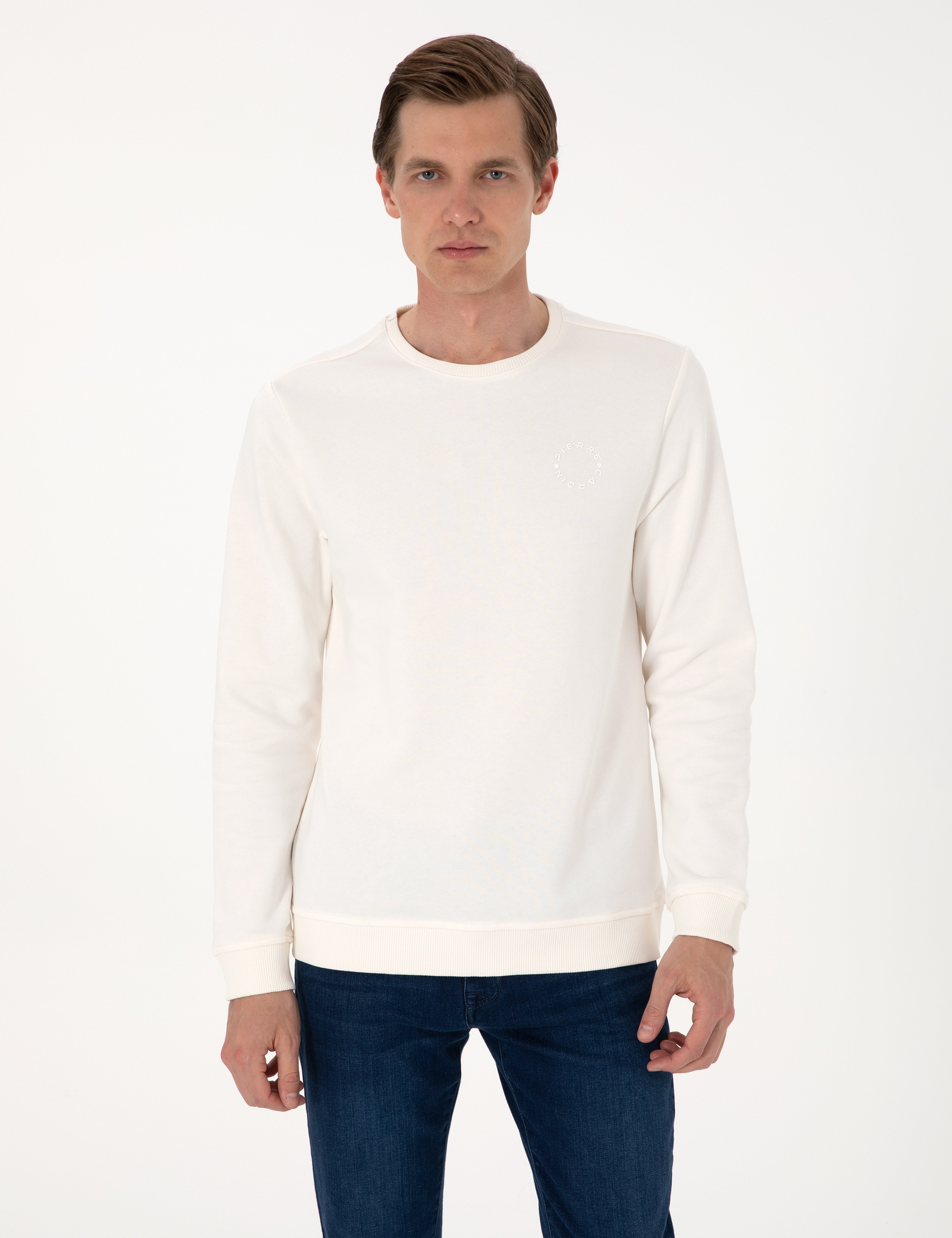 Ekru 3 İplik Regular Fit Bisiklet Yaka Basic Sweatshirt