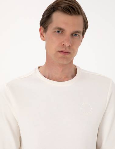 Ekru 3 İplik Regular Fit Bisiklet Yaka Basic Sweatshirt