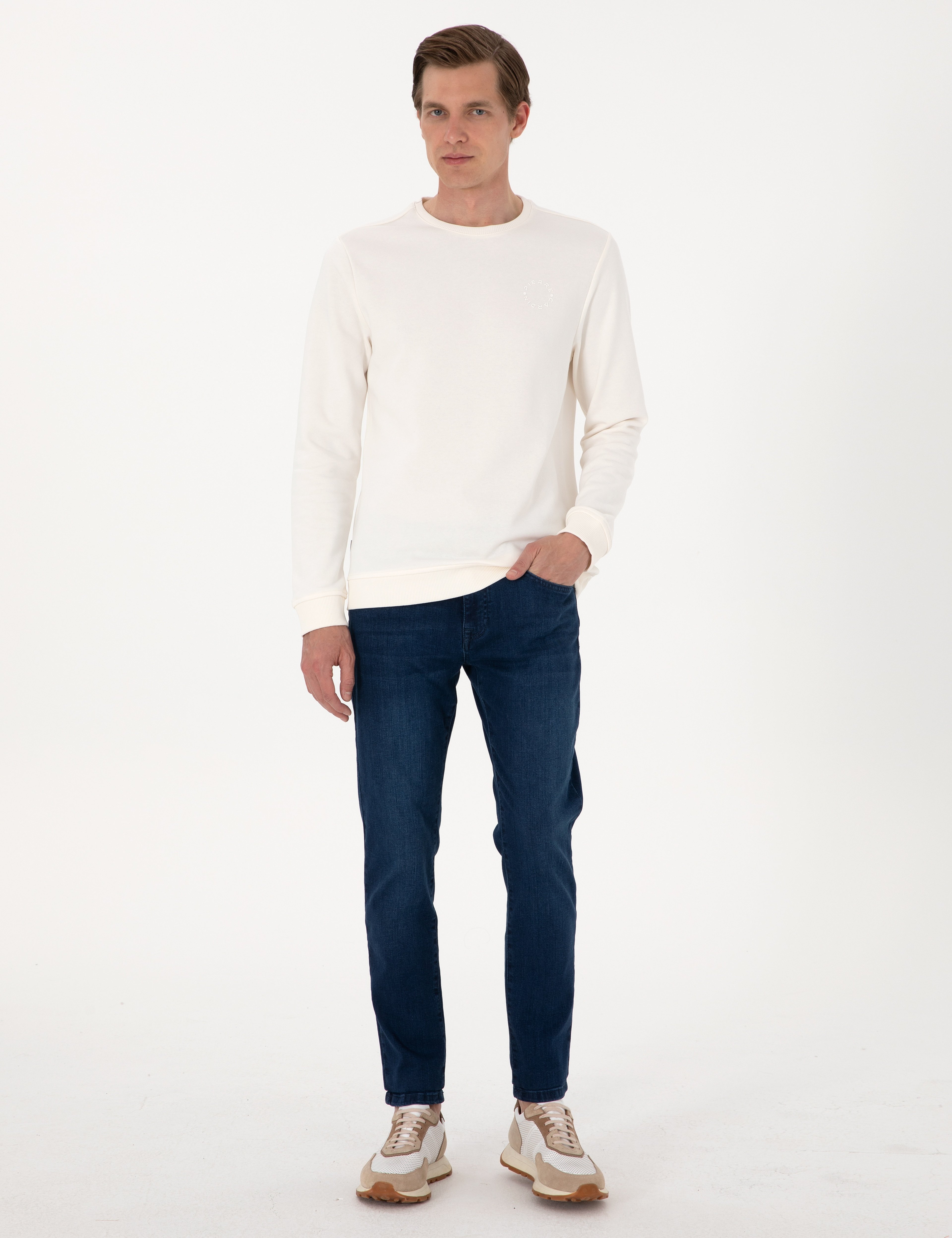 Ekru 3 İplik Regular Fit Bisiklet Yaka Basic Sweatshirt