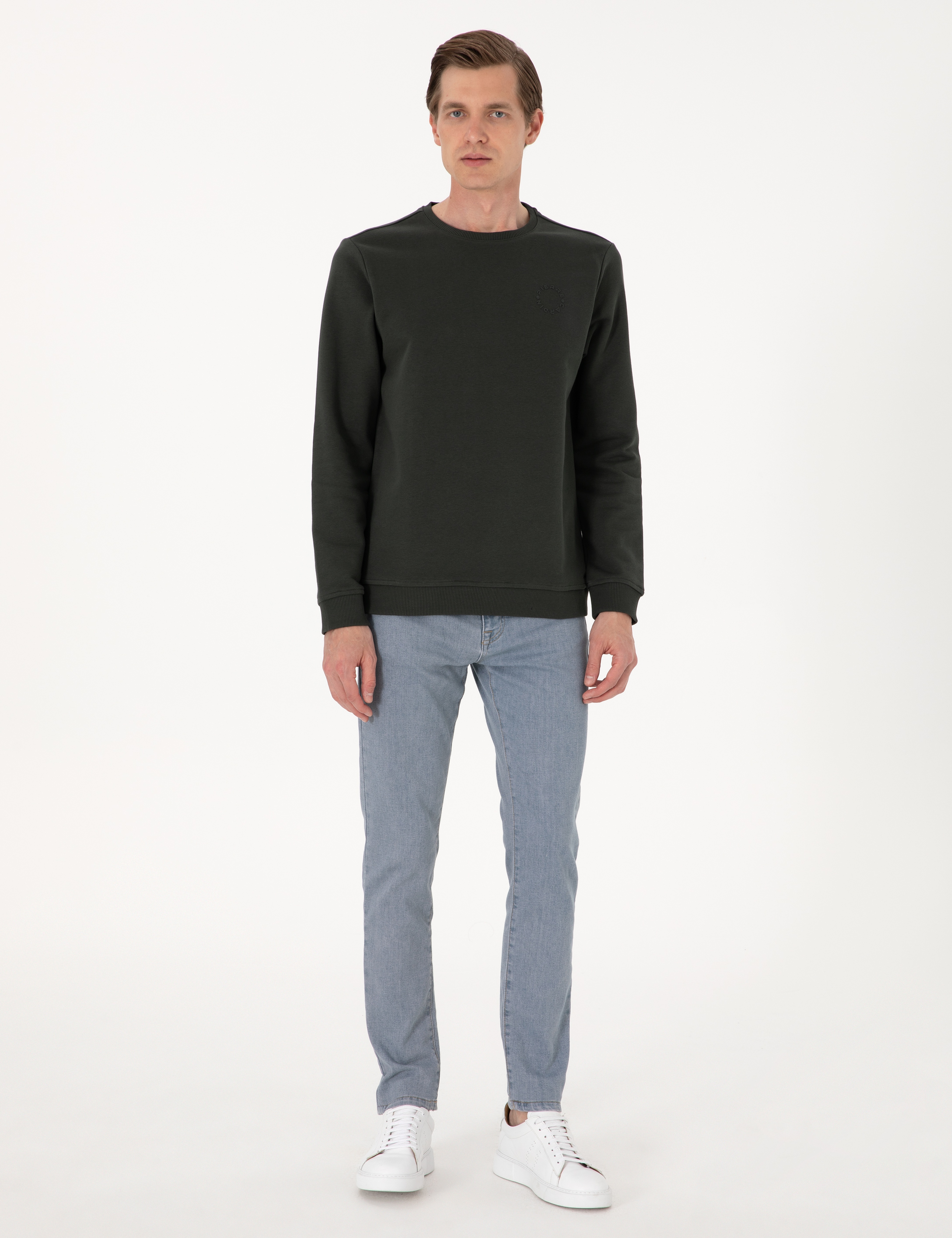 Koyu Yeşil 3 İplik Regular Fit Bisiklet Yaka Basic Sweatshirt - Image 4