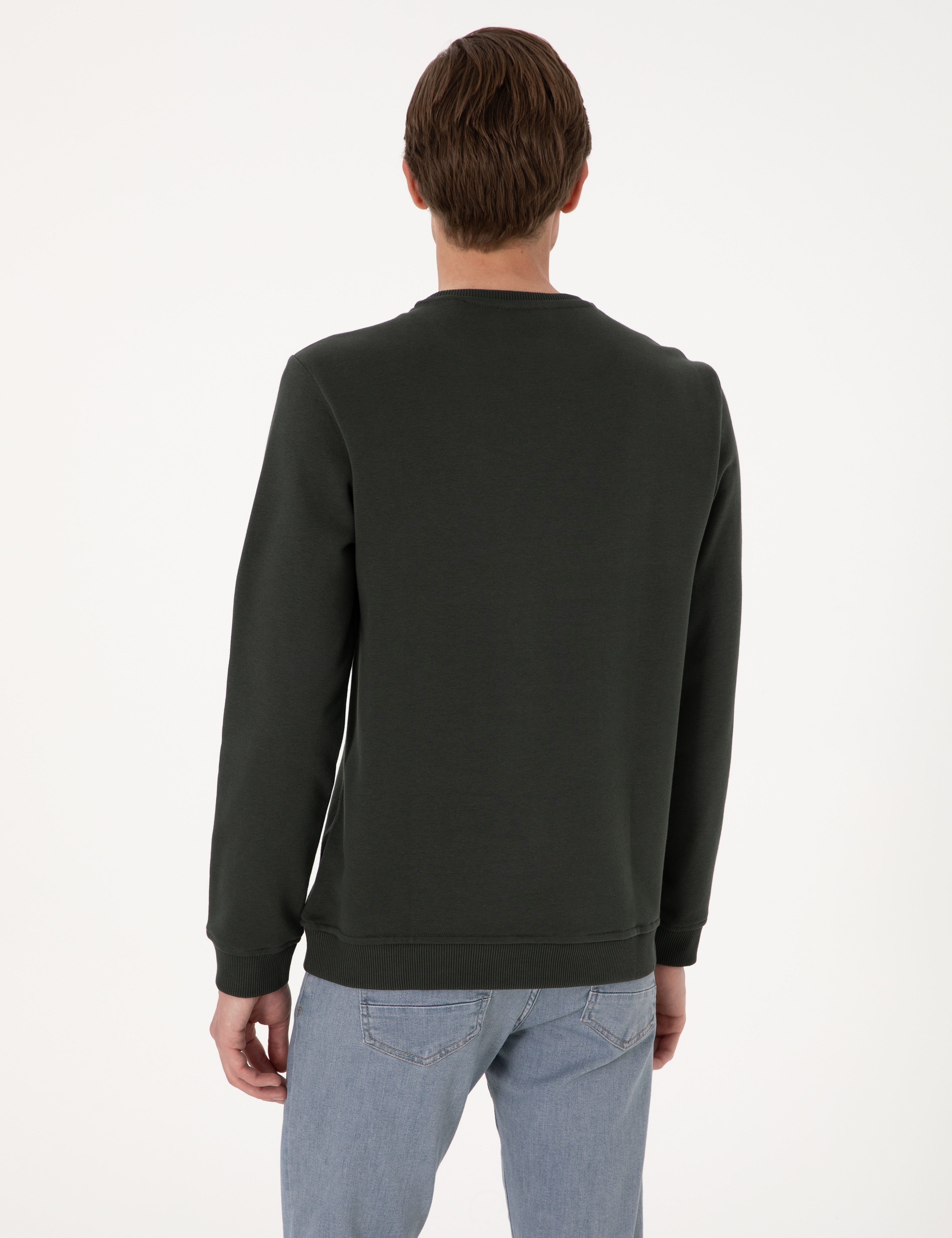 Koyu Yeşil 3 İplik Regular Fit Bisiklet Yaka Basic Sweatshirt - Image 5