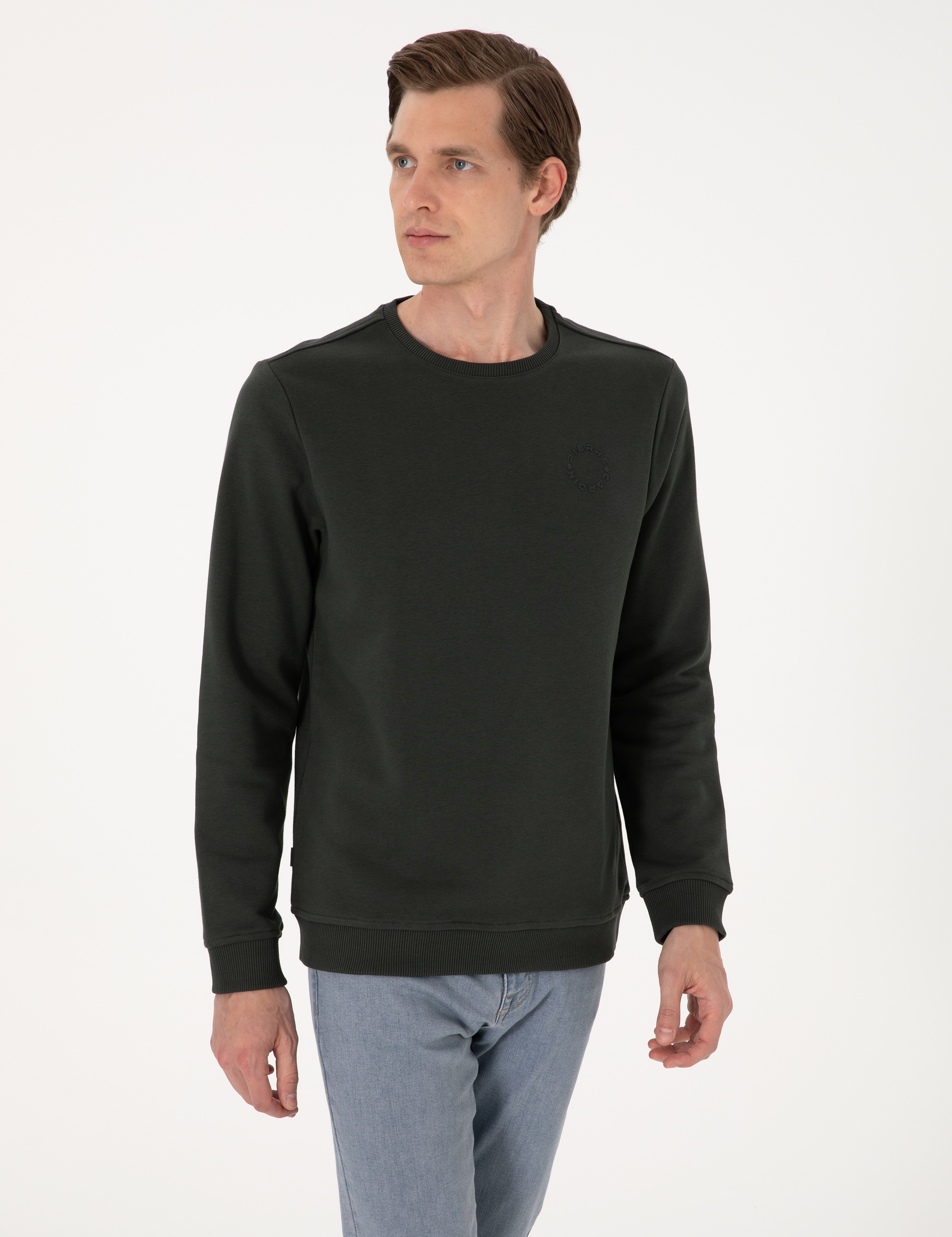 Koyu Yeşil 3 İplik Regular Fit Bisiklet Yaka Basic Sweatshirt - Image 3