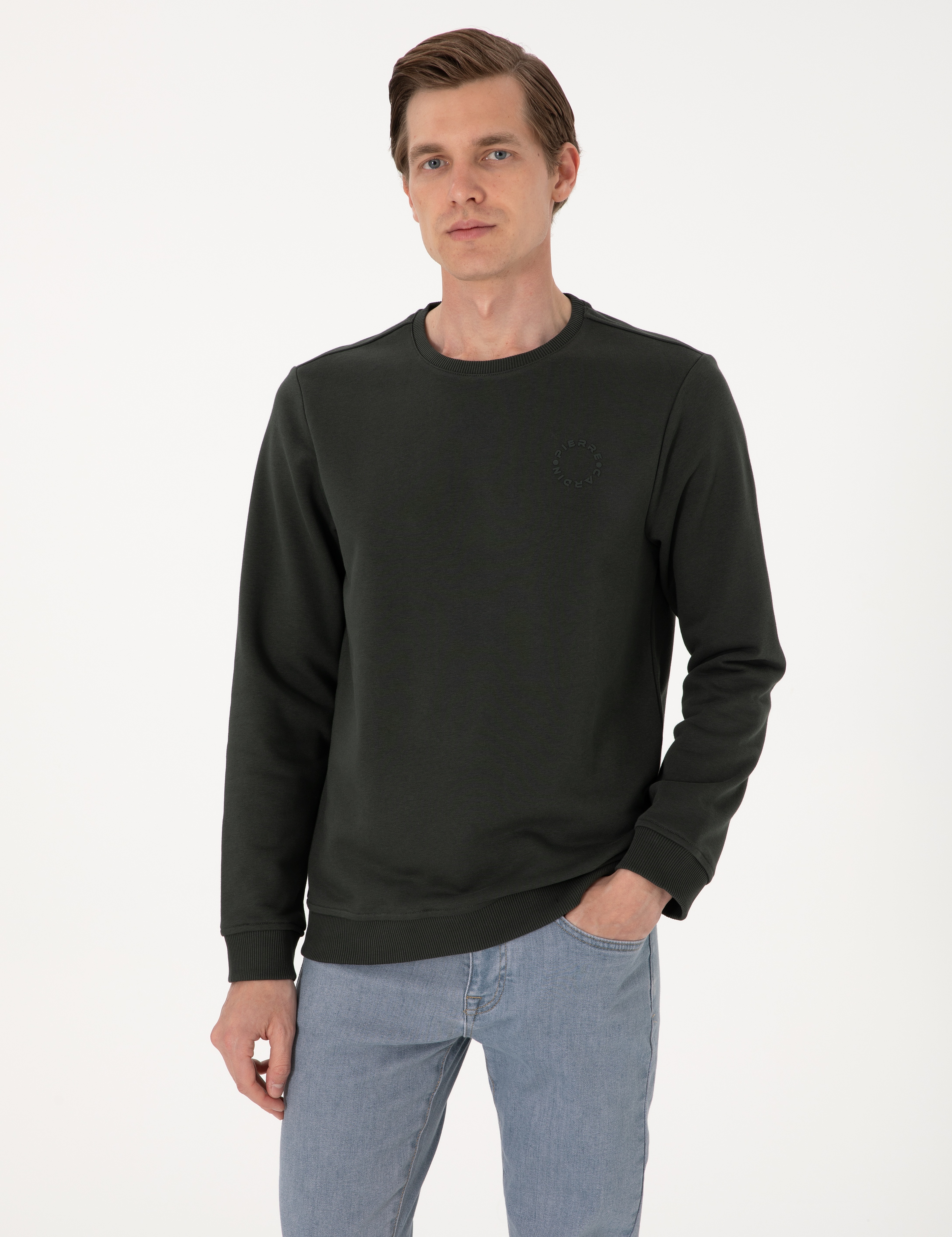 Koyu Yeşil 3 İplik Regular Fit Bisiklet Yaka Basic Sweatshirt - Image 1