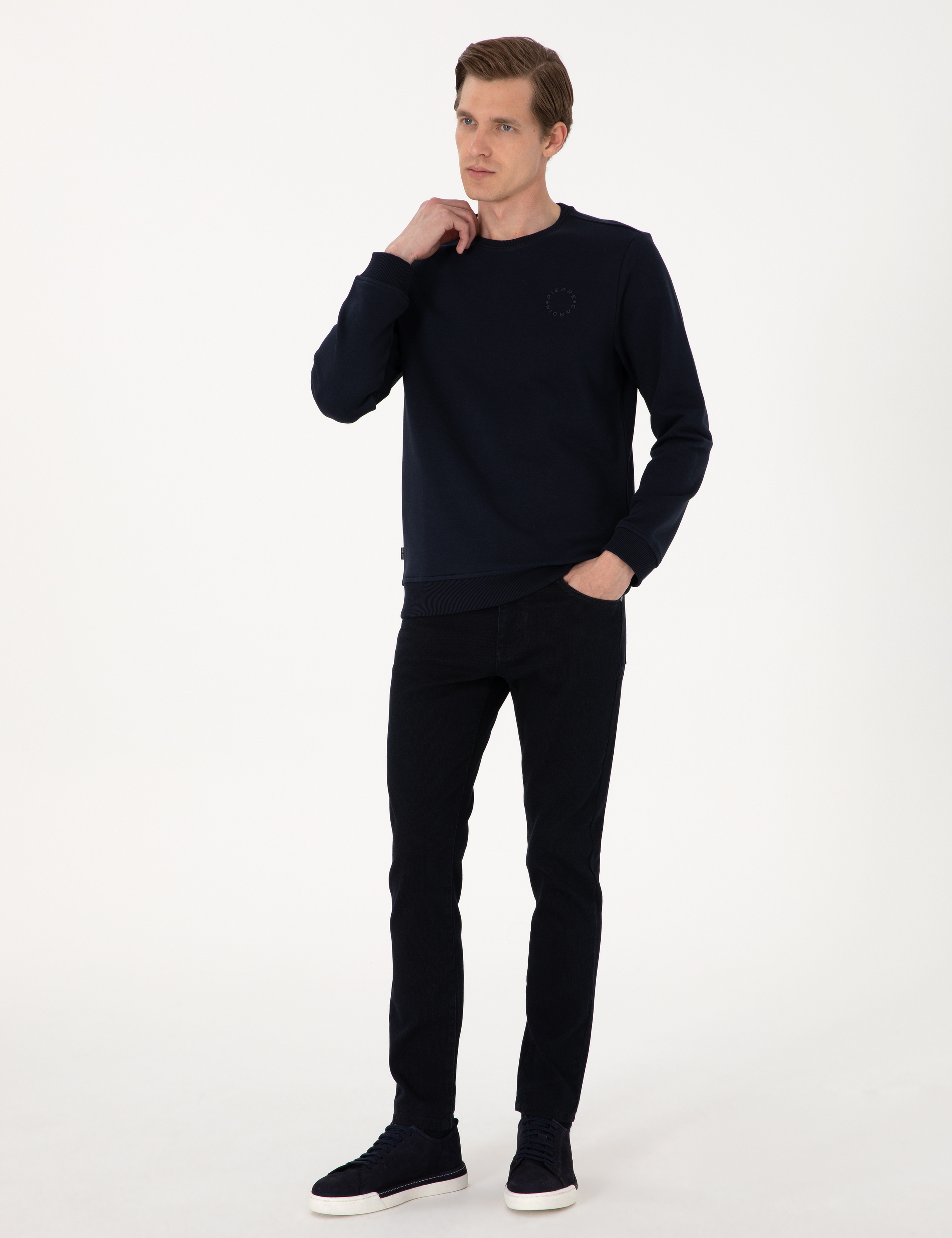 Lacivert 3 İplik Regular Fit Bisiklet Yaka Basic Sweatshirt - Image 4