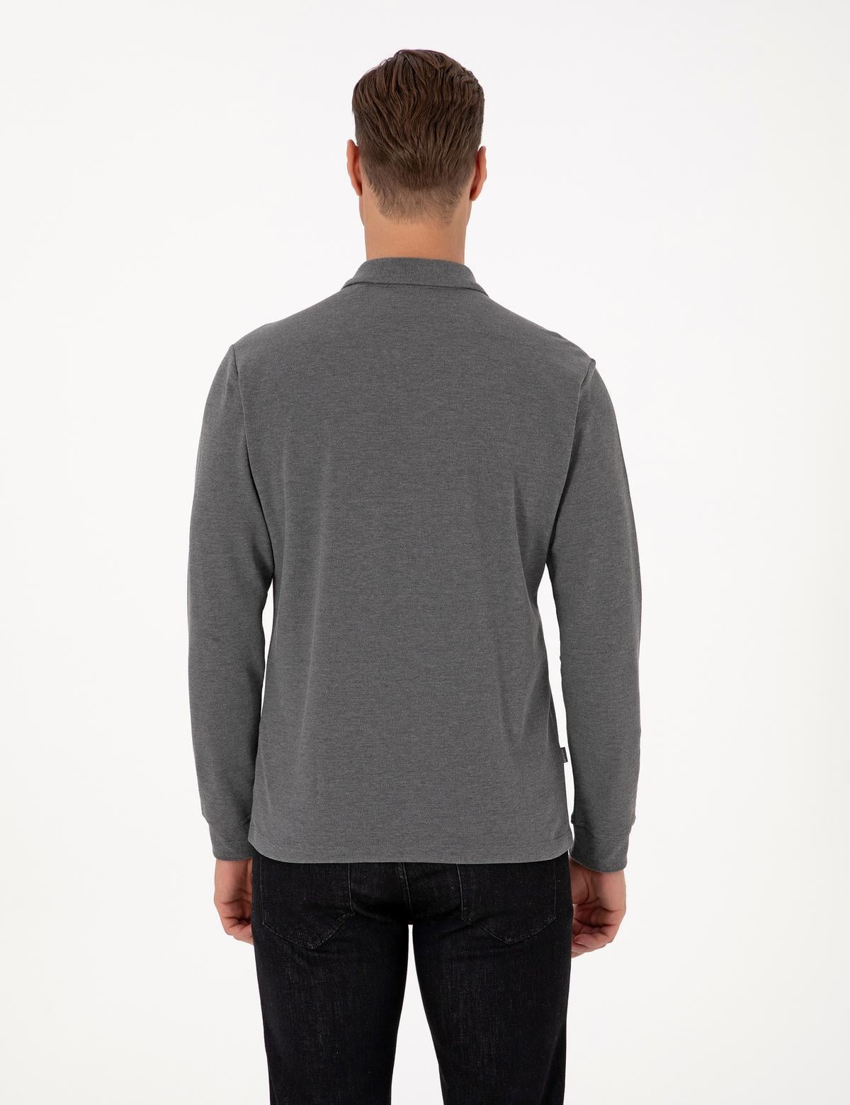 Antrasit Melanj Slim Fit Kıvrılmaz Fermuarlı Polo Yaka Basic Pike Sweatshirt - 50314046047