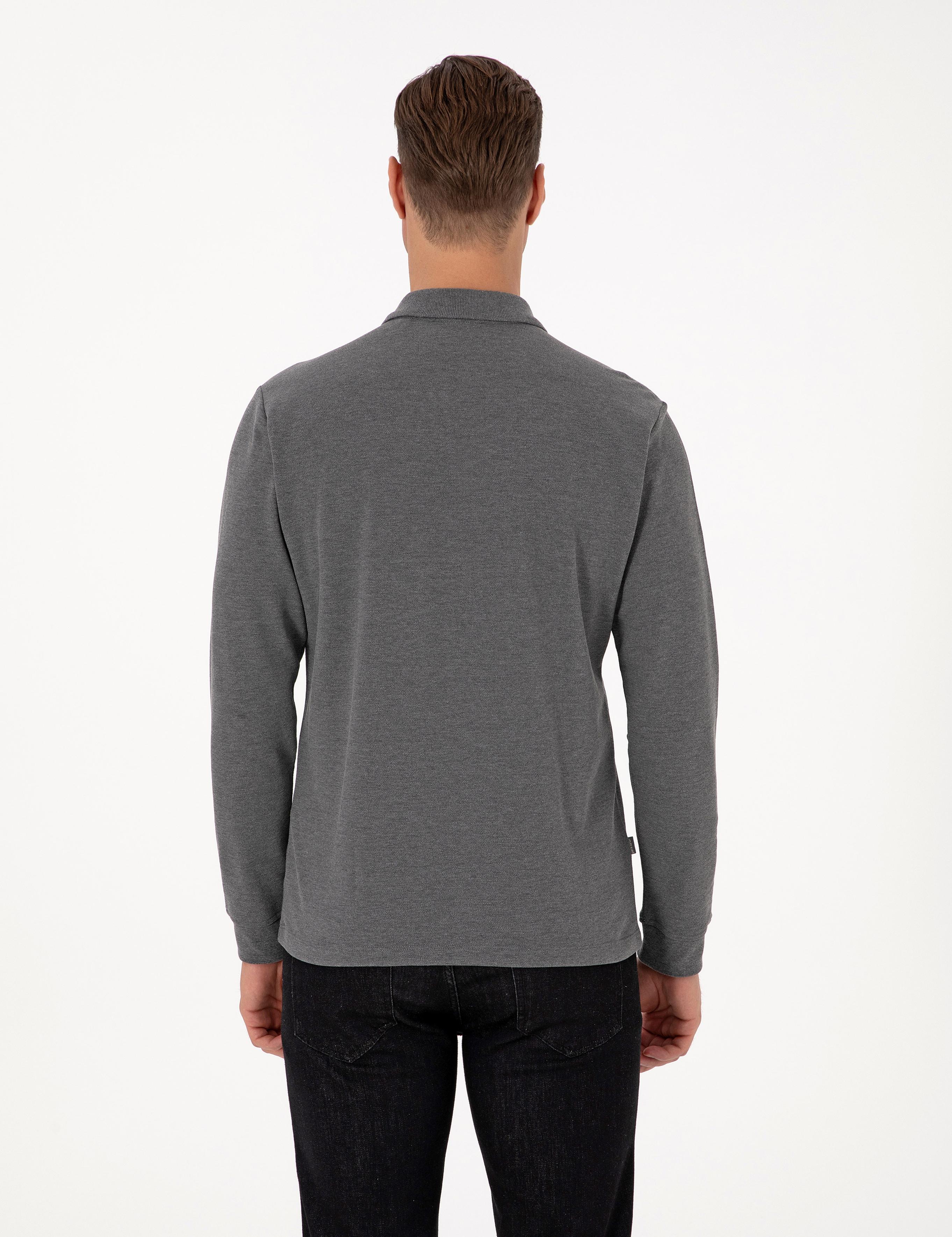 Antrasit Melanj Slim Fit Kıvrılmaz Fermuarlı Polo Yaka Basic Pike Sweatshirt