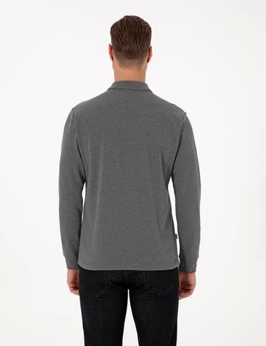 Antrasit Melanj Slim Fit Kıvrılmaz Fermuarlı Polo Yaka Basic Pike Sweatshirt