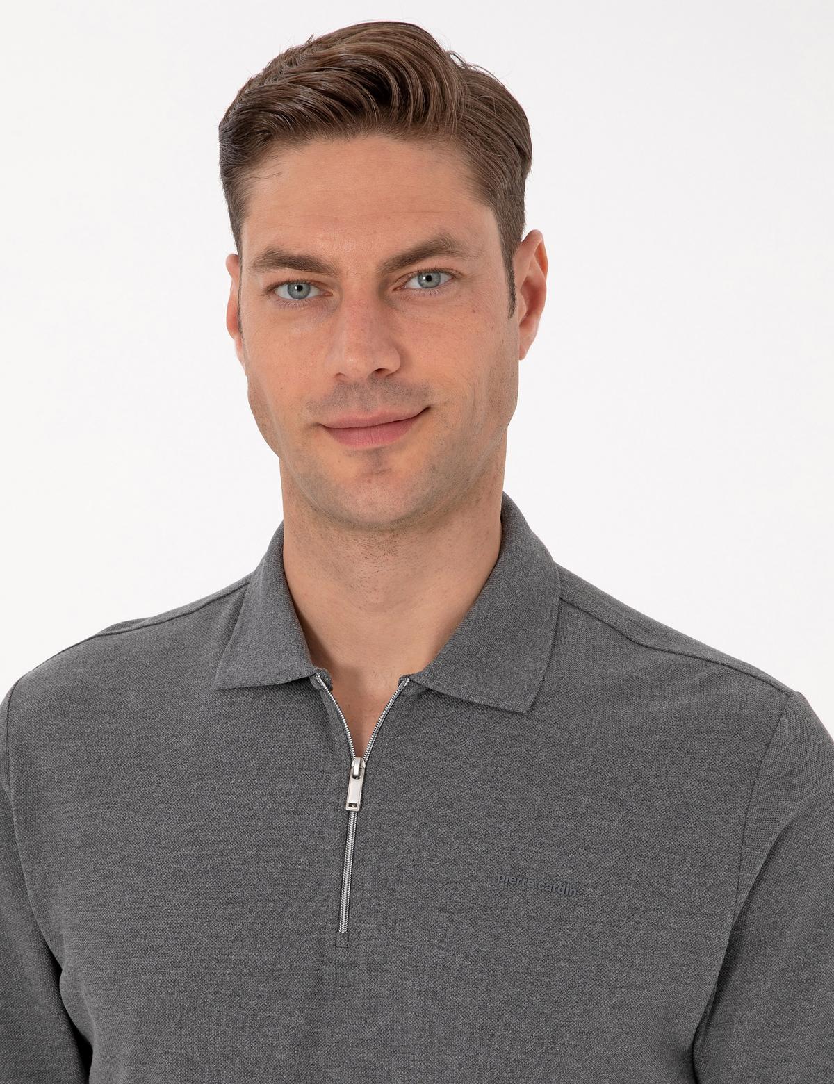 Antrasit Melanj Slim Fit Kıvrılmaz Fermuarlı Polo Yaka Basic Pike Sweatshirt - 50314046047