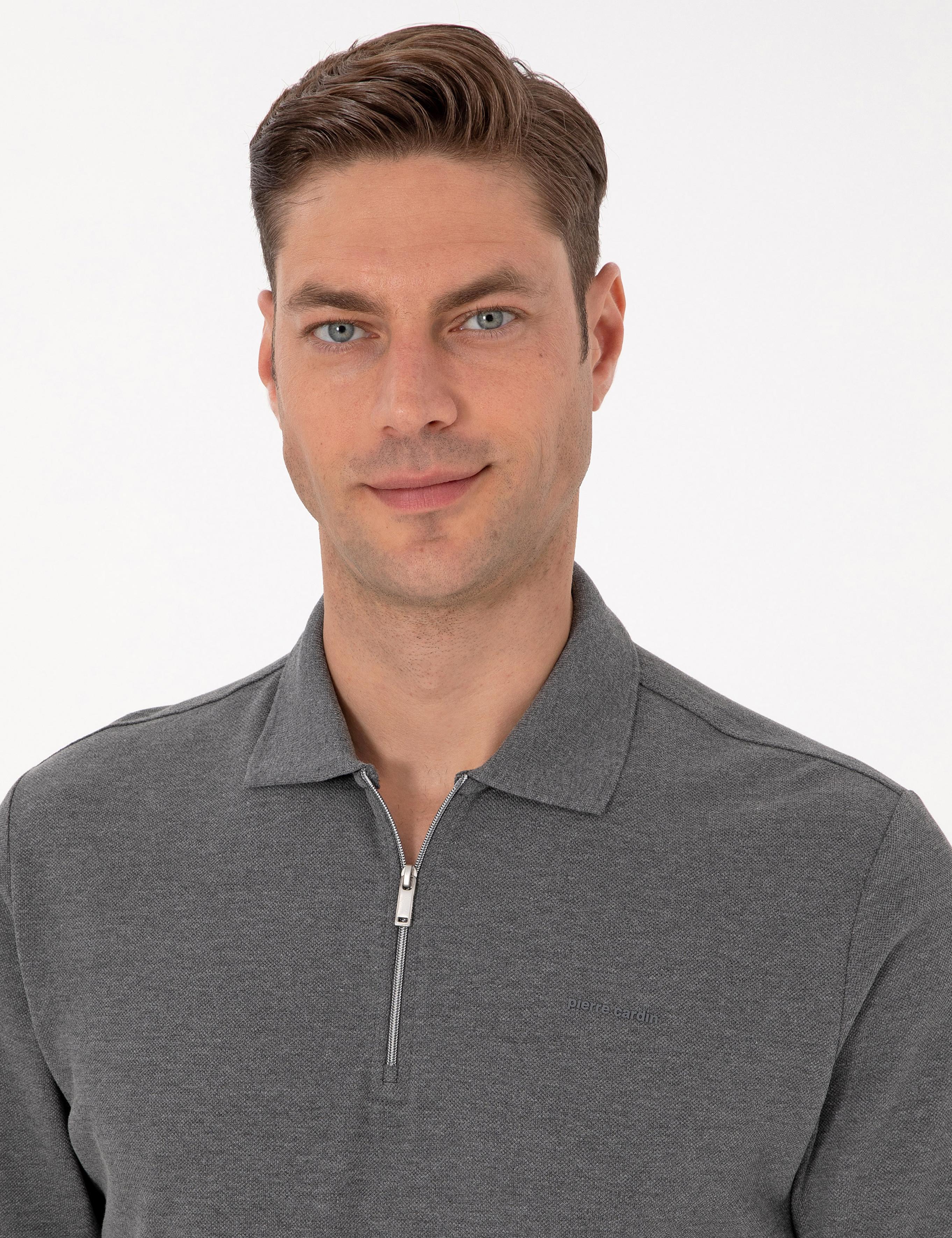 Antrasit Melanj Slim Fit Kıvrılmaz Fermuarlı Polo Yaka Basic Pike Sweatshirt