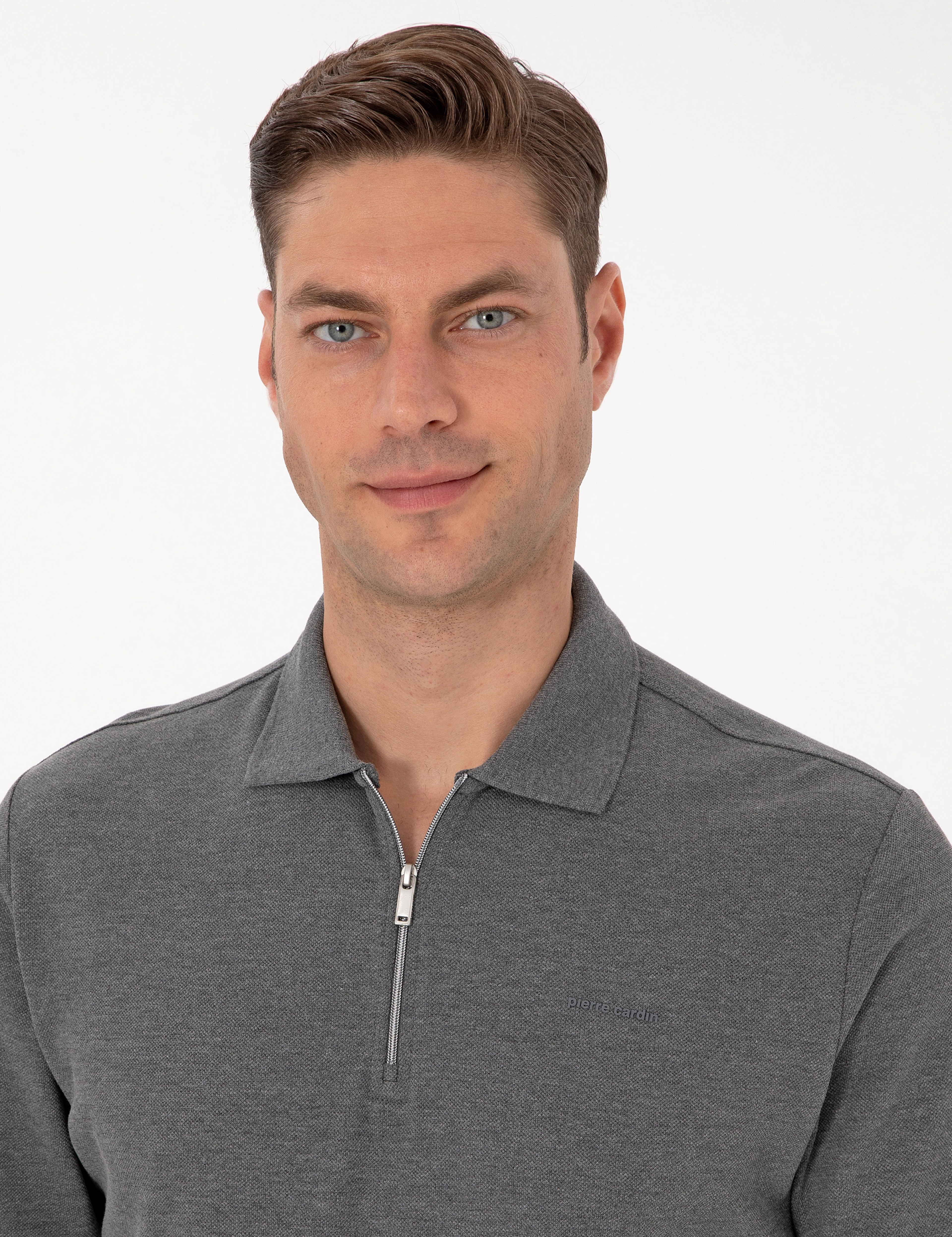 Antrasit Melanj Slim Fit Kıvrılmaz Fermuarlı Polo Yaka Basic Pike Sweatshirt - Image 2