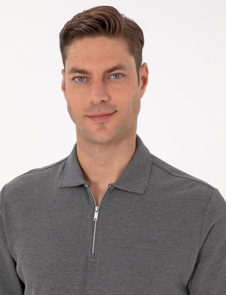 Antrasit Melanj Slim Fit Kıvrılmaz Fermuarlı Polo Yaka Basic Pike Sweatshirt - 50314046047