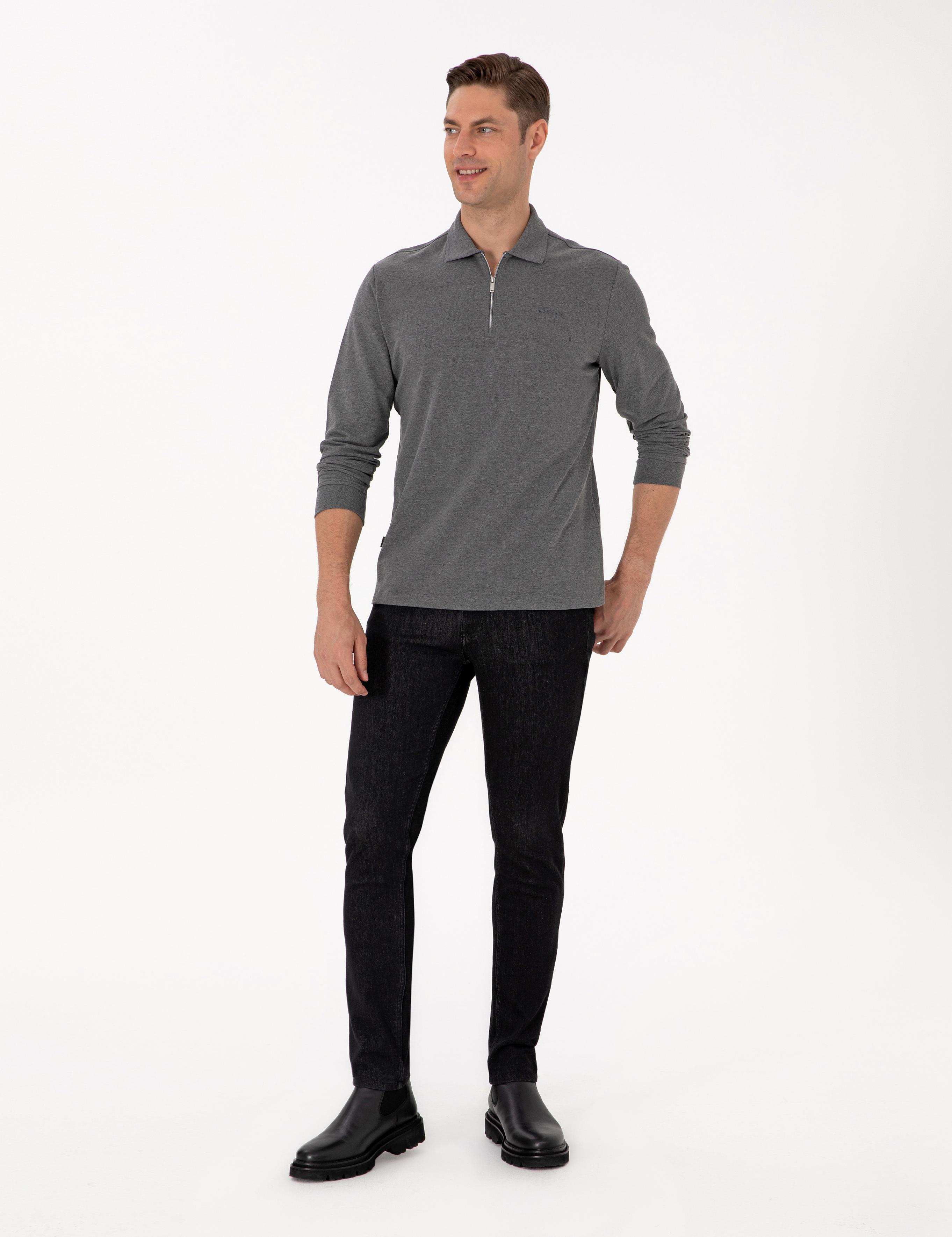 Antrasit Melanj Slim Fit Kıvrılmaz Fermuarlı Polo Yaka Basic Pike Sweatshirt