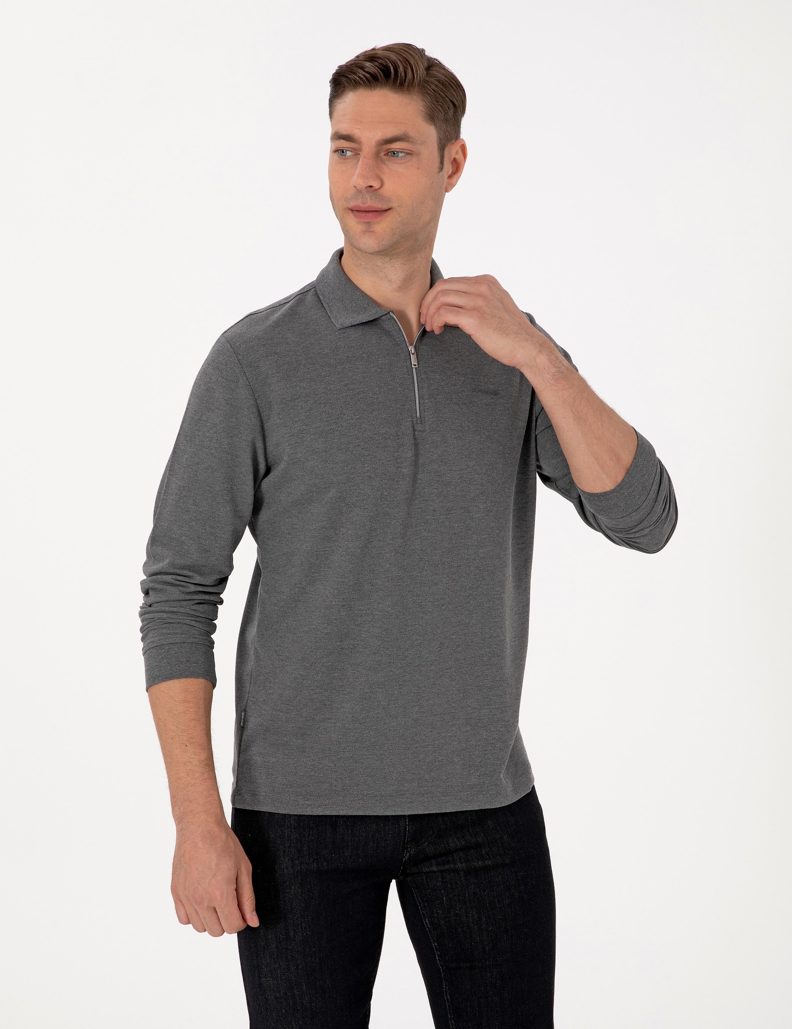 Antrasit Melanj Slim Fit Kıvrılmaz Fermuarlı Polo Yaka Basic Pike Sweatshirt