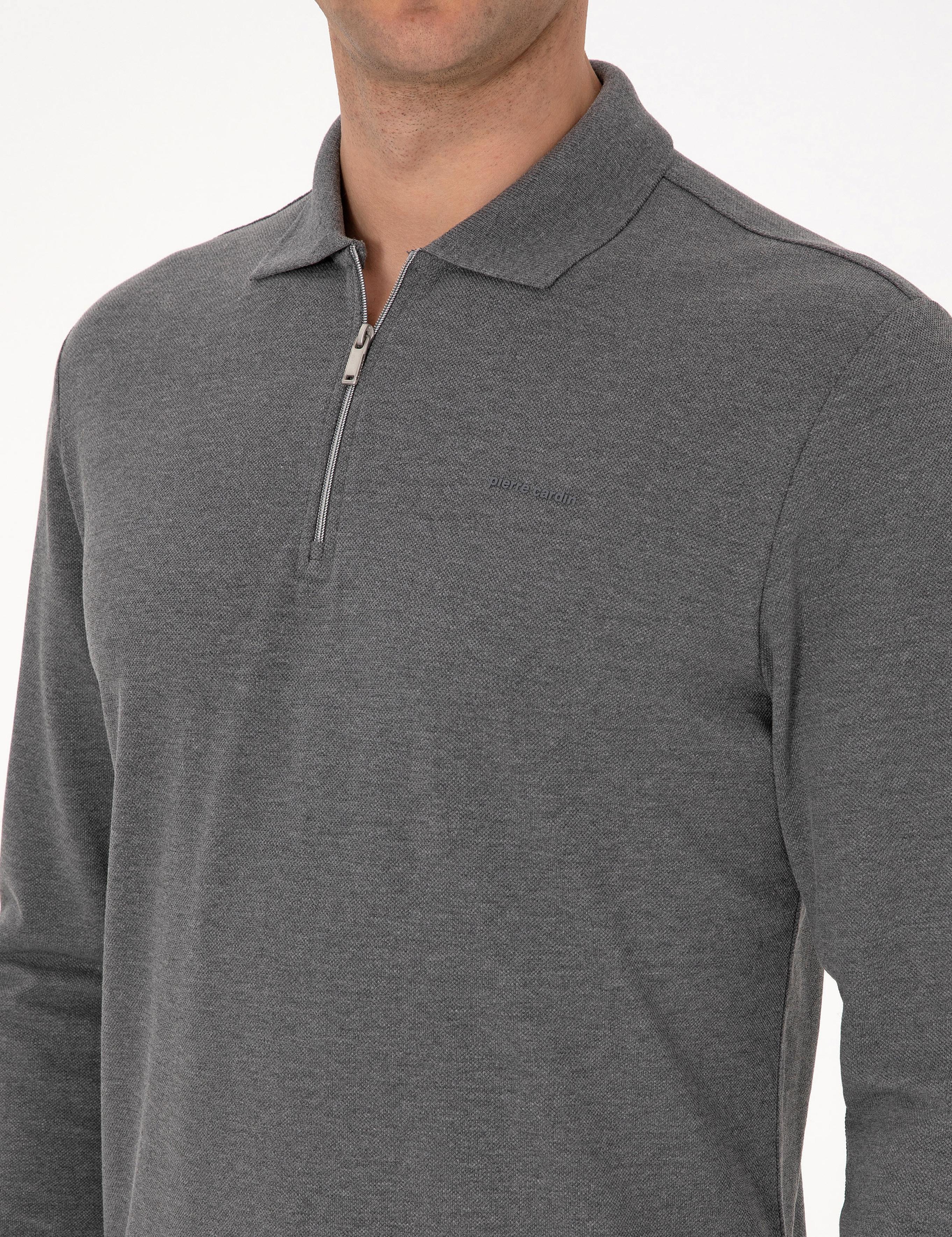 Antrasit Melanj Slim Fit Kıvrılmaz Fermuarlı Polo Yaka Basic Pike Sweatshirt