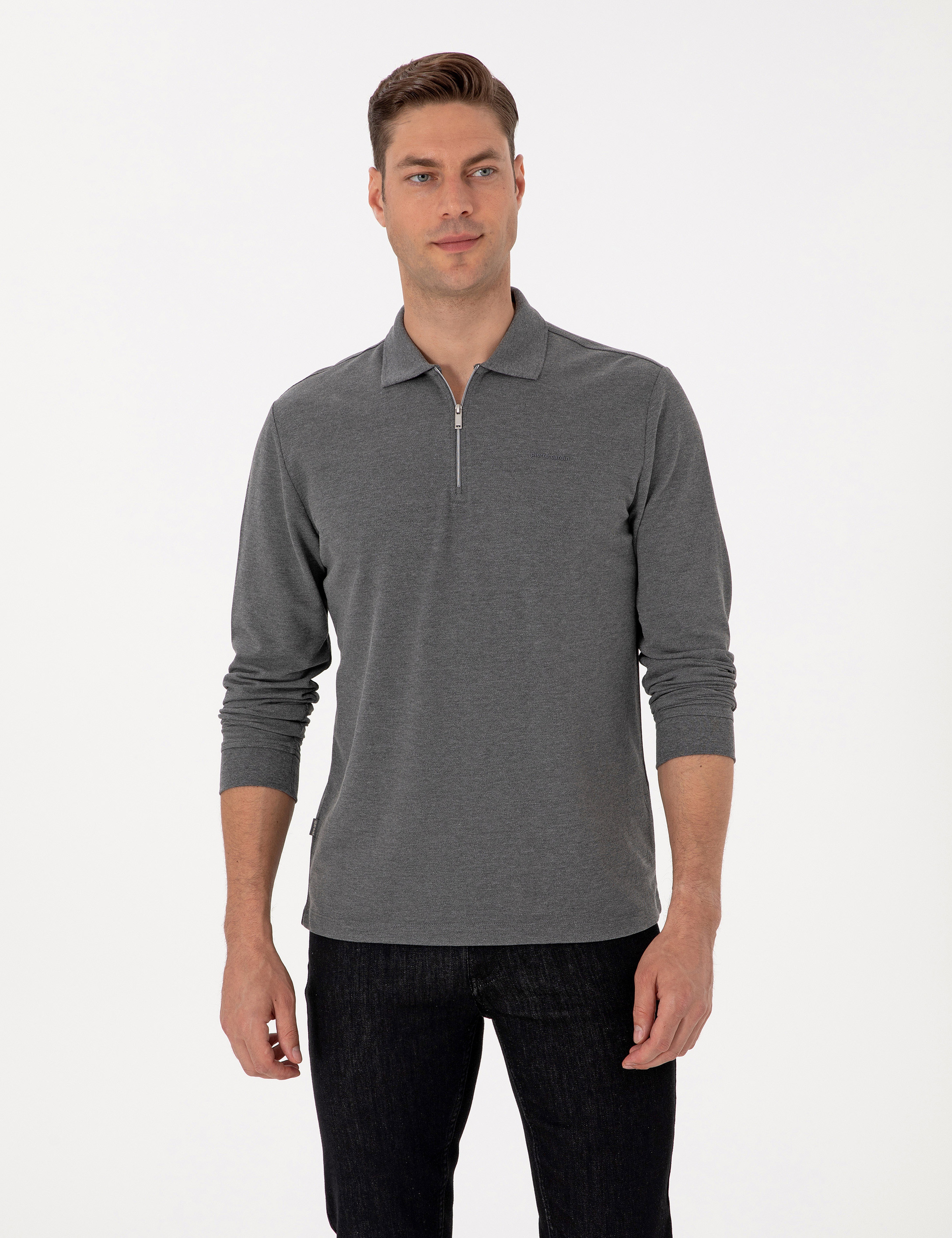 Antrasit Melanj Slim Fit Kıvrılmaz Fermuarlı Polo Yaka Basic Pike Sweatshirt - Image 1