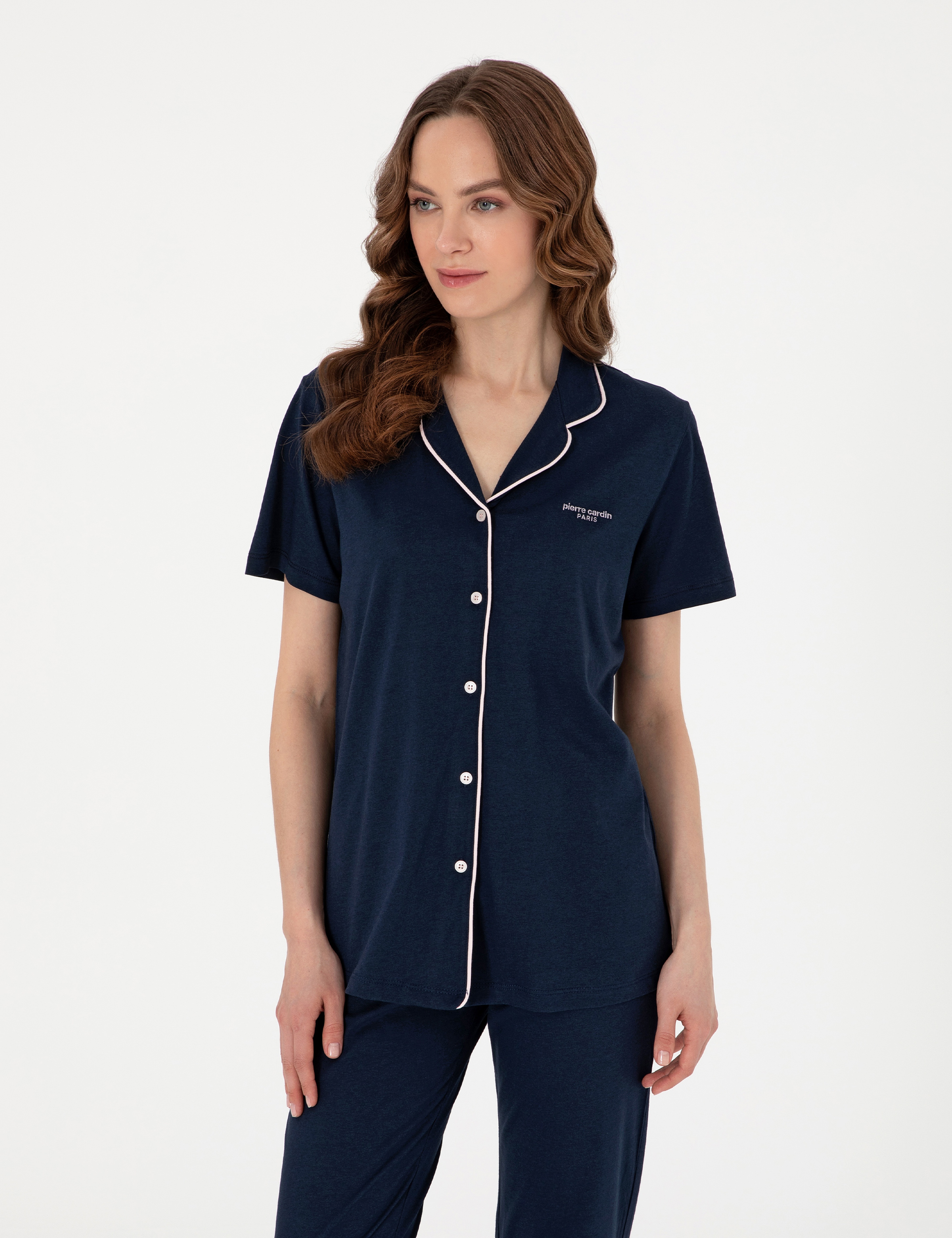 Lacivert Kısakollu Gömlek Pijama Takımı
