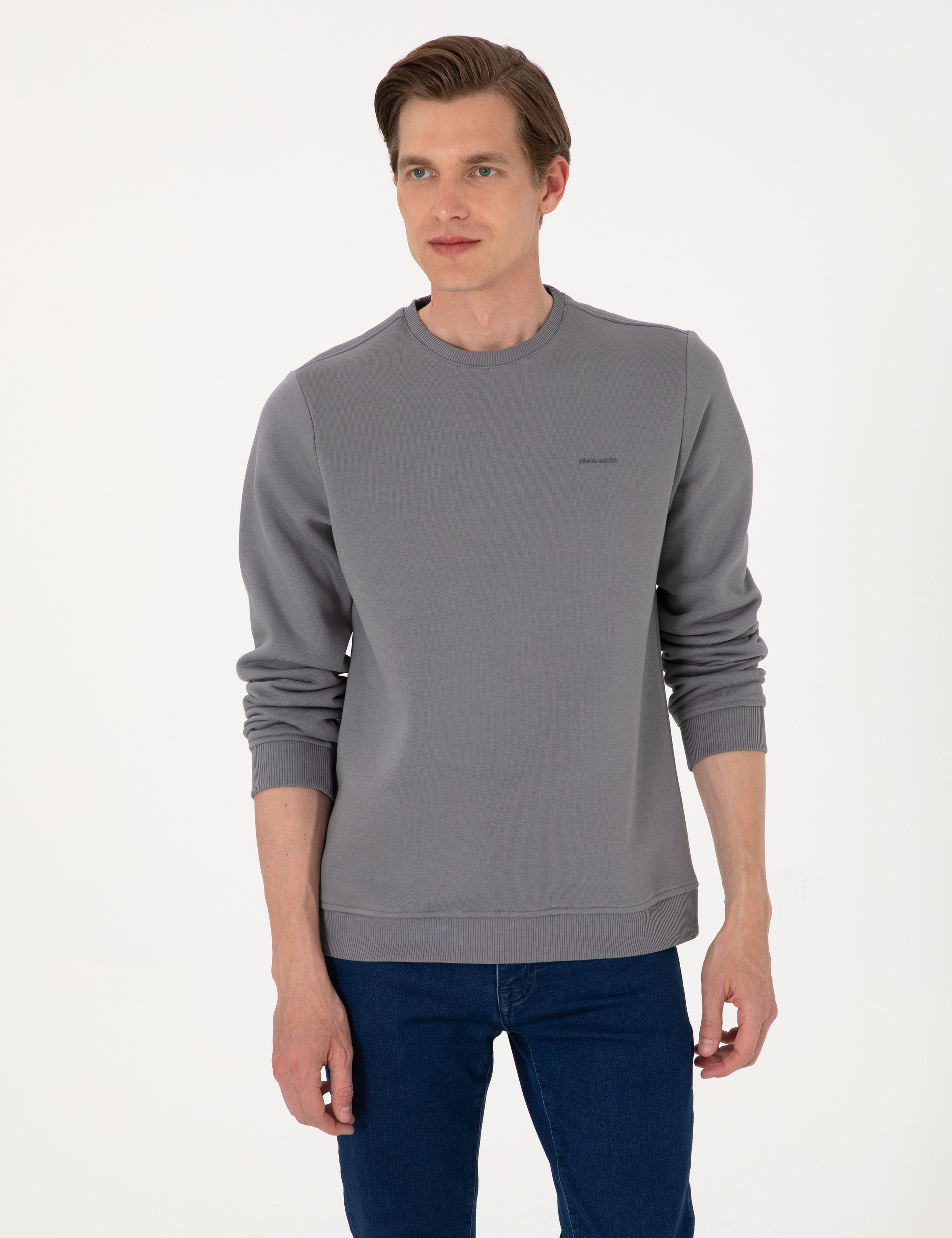 Gri 3 İplik Regular Fit Bisiklet Yaka Basic Sweatshirt - Image 3