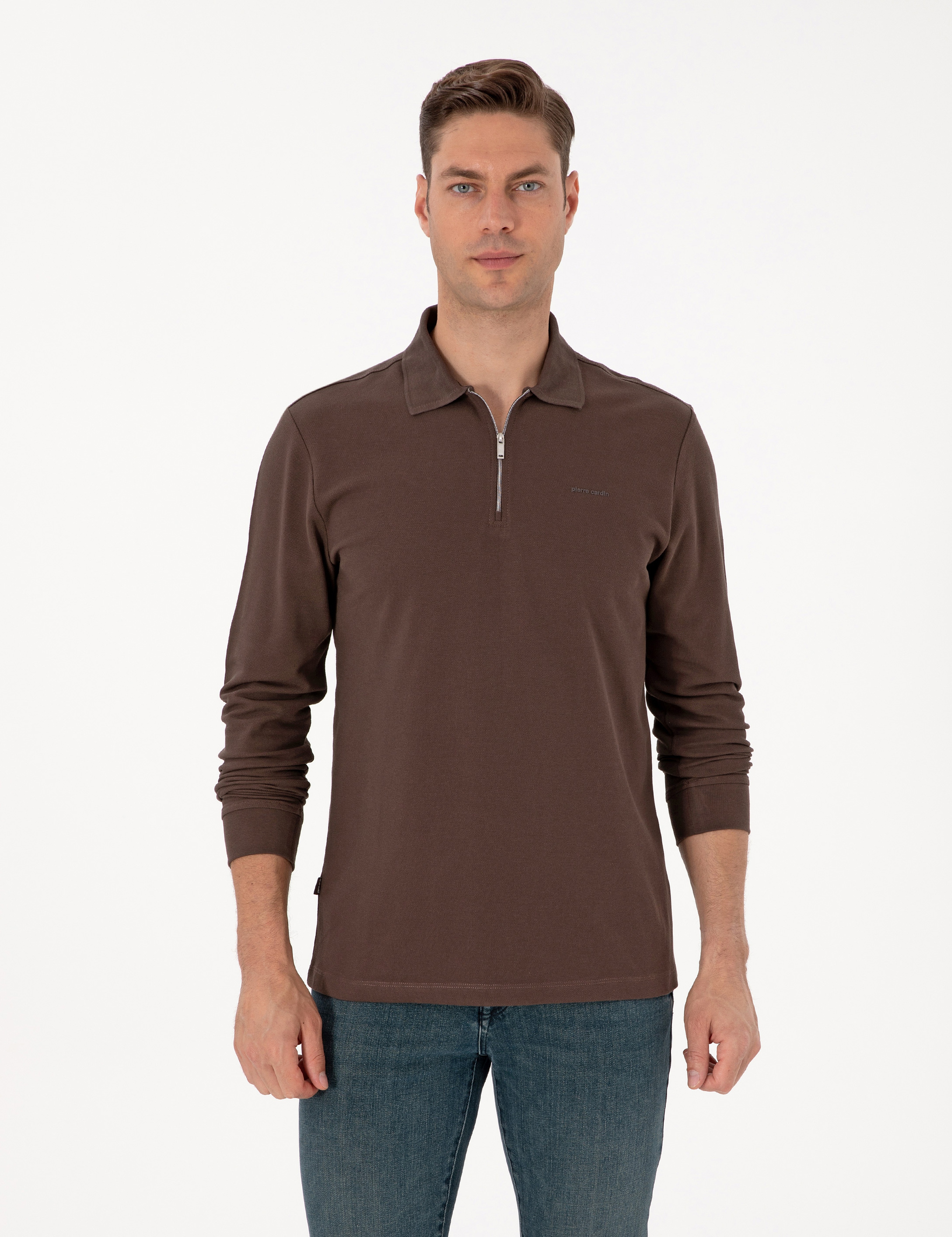 Koyu Kahverengi Slim Fit Kıvrılmaz Fermuarlı Polo Yaka Basic Pike Sweatshirt - Image 1