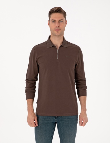Koyu Kahverengi Slim Fit Kıvrılmaz Fermuarlı Polo Yaka Basic Pike Sweatshirt