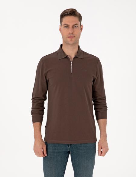 Koyu Kahverengi Slim Fit Kıvrılmaz Fermuarlı Polo Yaka Basic Pike Sweatshirt - 50314046077