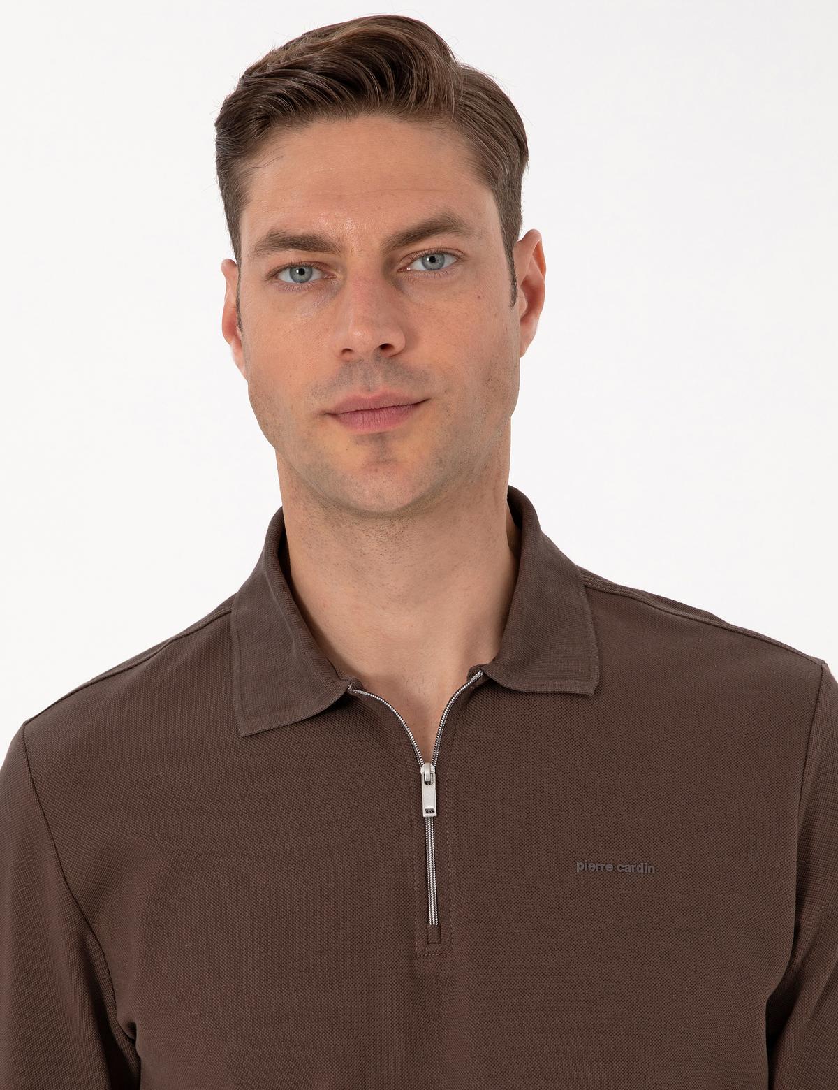 Koyu Kahverengi Slim Fit Kıvrılmaz Fermuarlı Polo Yaka Basic Pike Sweatshirt - 50314046077