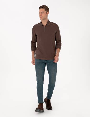 Koyu Kahverengi Slim Fit Kıvrılmaz Fermuarlı Polo Yaka Basic Pike Sweatshirt
