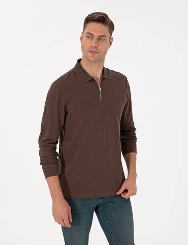 Koyu Kahverengi Slim Fit Kıvrılmaz Fermuarlı Polo Yaka Basic Pike Sweatshirt