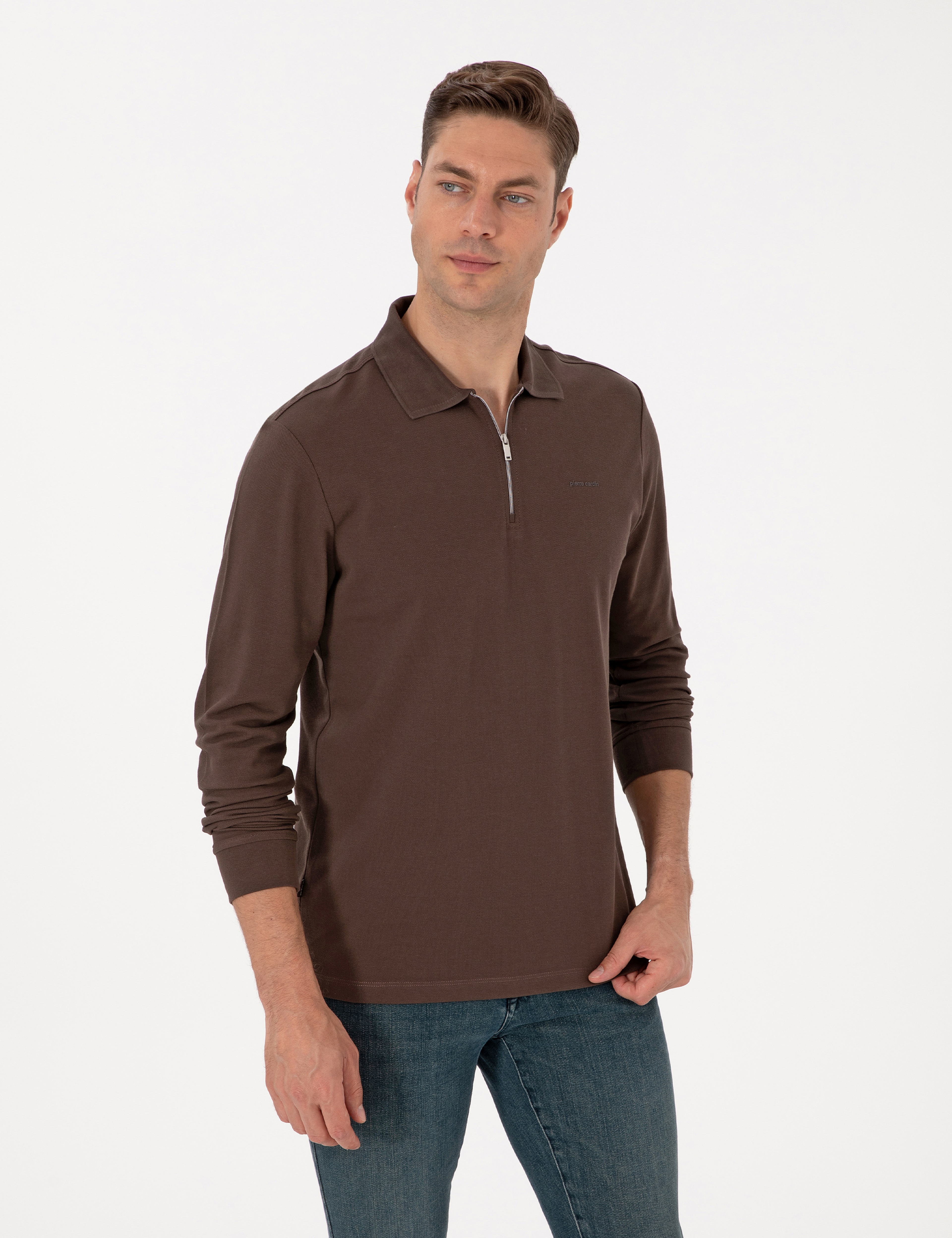 Koyu Kahverengi Slim Fit Kıvrılmaz Fermuarlı Polo Yaka Basic Pike Sweatshirt