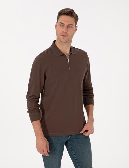 Koyu Kahverengi Slim Fit Kıvrılmaz Fermuarlı Polo Yaka Basic Pike Sweatshirt - 50314046077