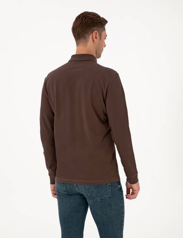 Koyu Kahverengi Slim Fit Kıvrılmaz Fermuarlı Polo Yaka Basic Pike Sweatshirt
