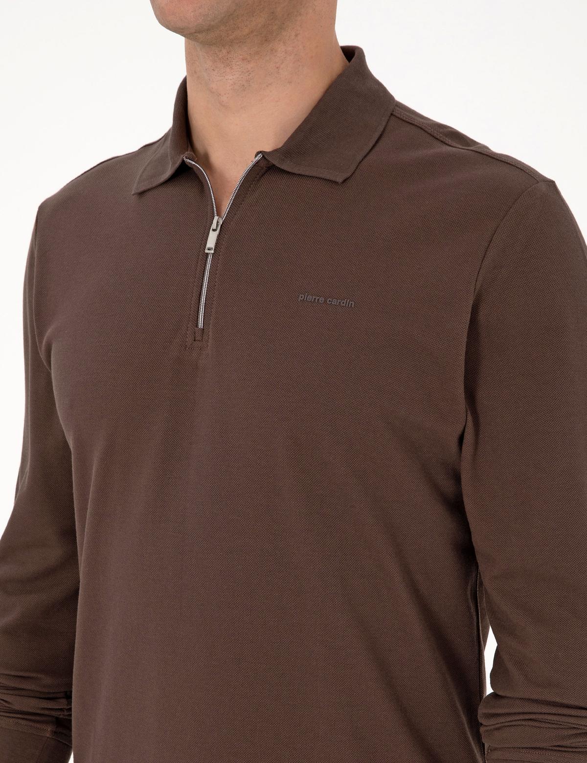 Koyu Kahverengi Slim Fit Kıvrılmaz Fermuarlı Polo Yaka Basic Pike Sweatshirt - 50314046077
