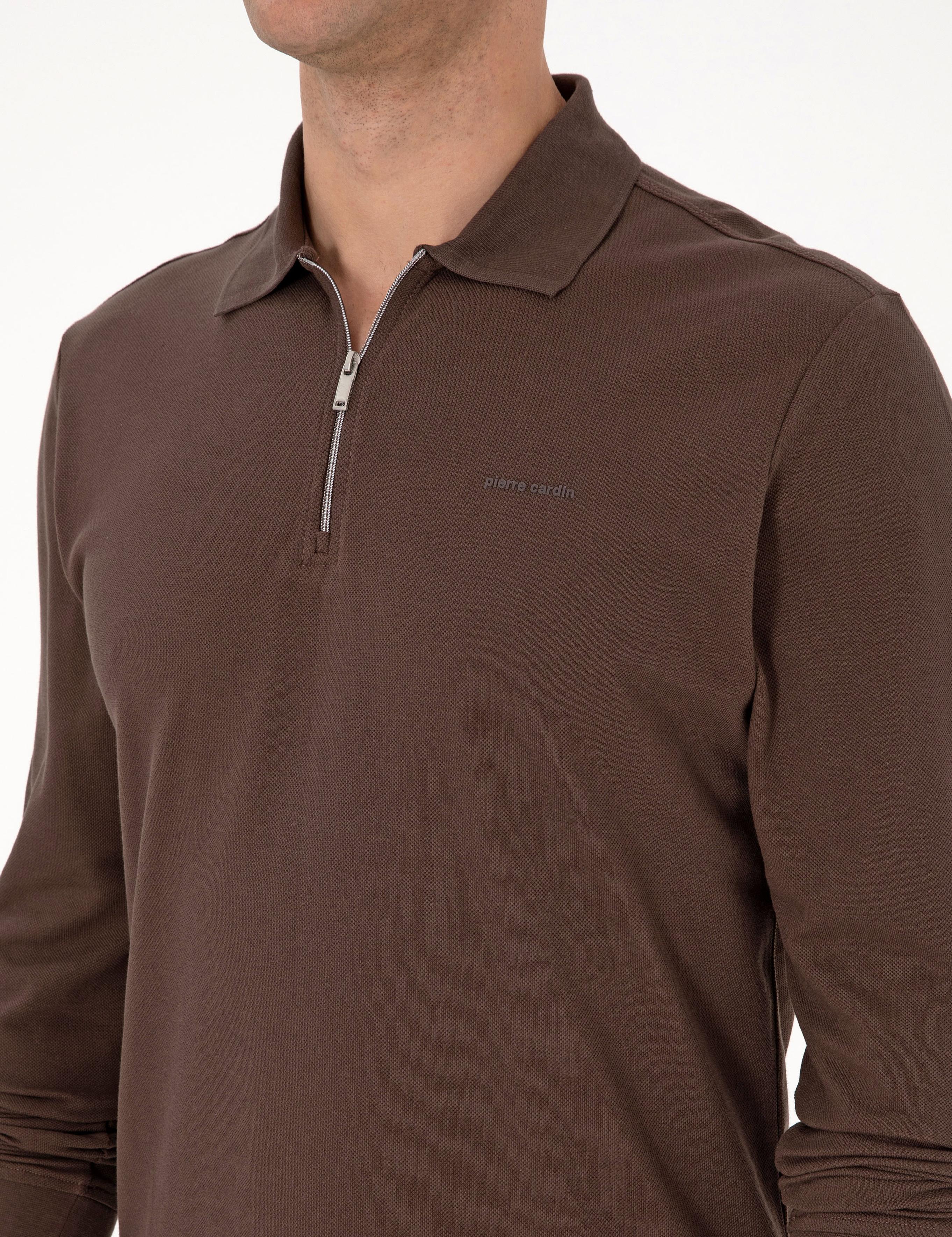 Koyu Kahverengi Slim Fit Kıvrılmaz Fermuarlı Polo Yaka Basic Pike Sweatshirt