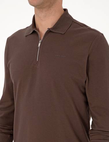 Koyu Kahverengi Slim Fit Kıvrılmaz Fermuarlı Polo Yaka Basic Pike Sweatshirt
