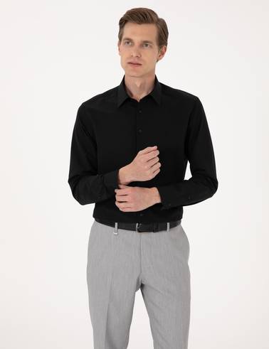 Siyah Regular Fit Uzun Kollu Basic Gömlek