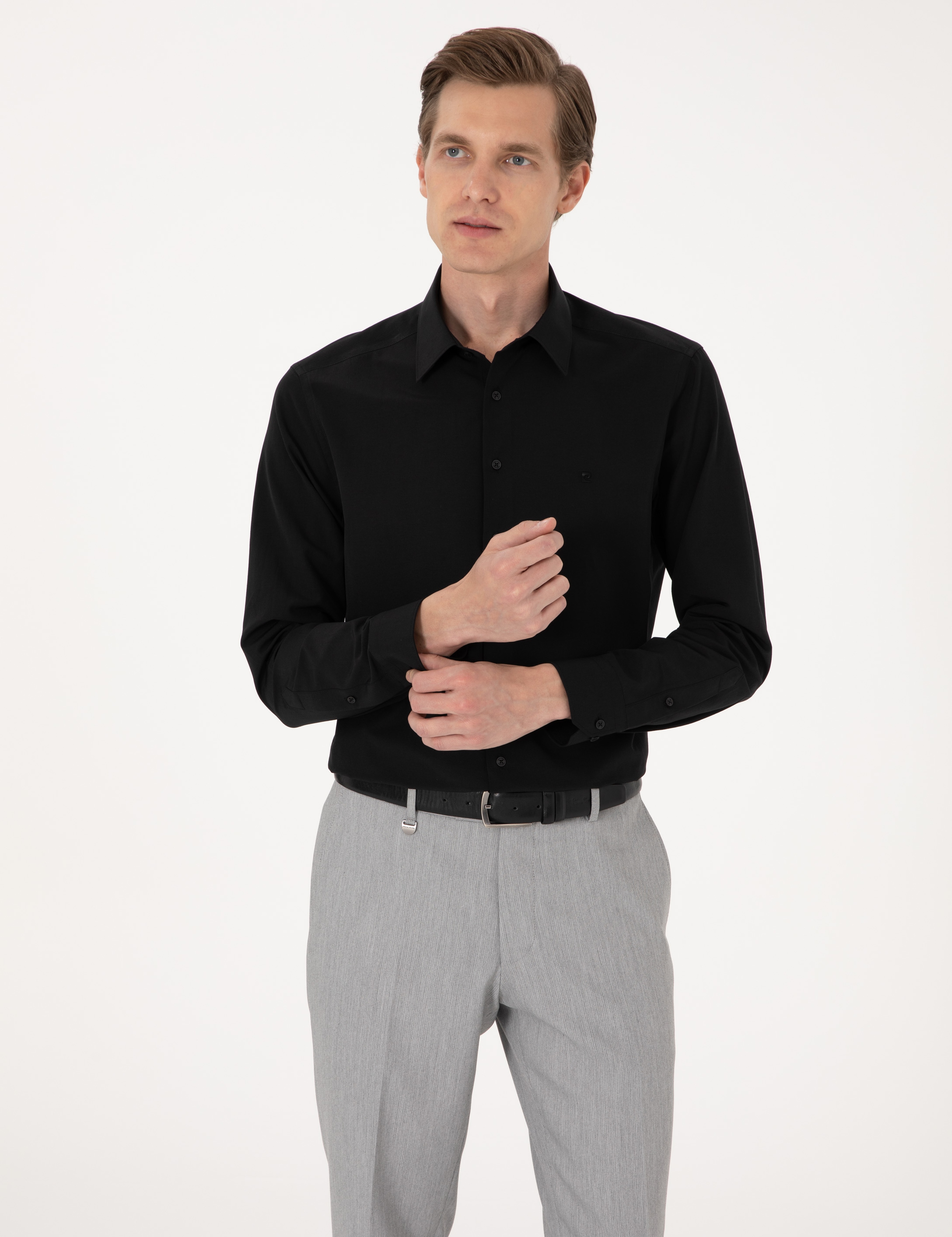 Siyah Regular Fit Uzun Kollu Basic Gömlek - Image 3