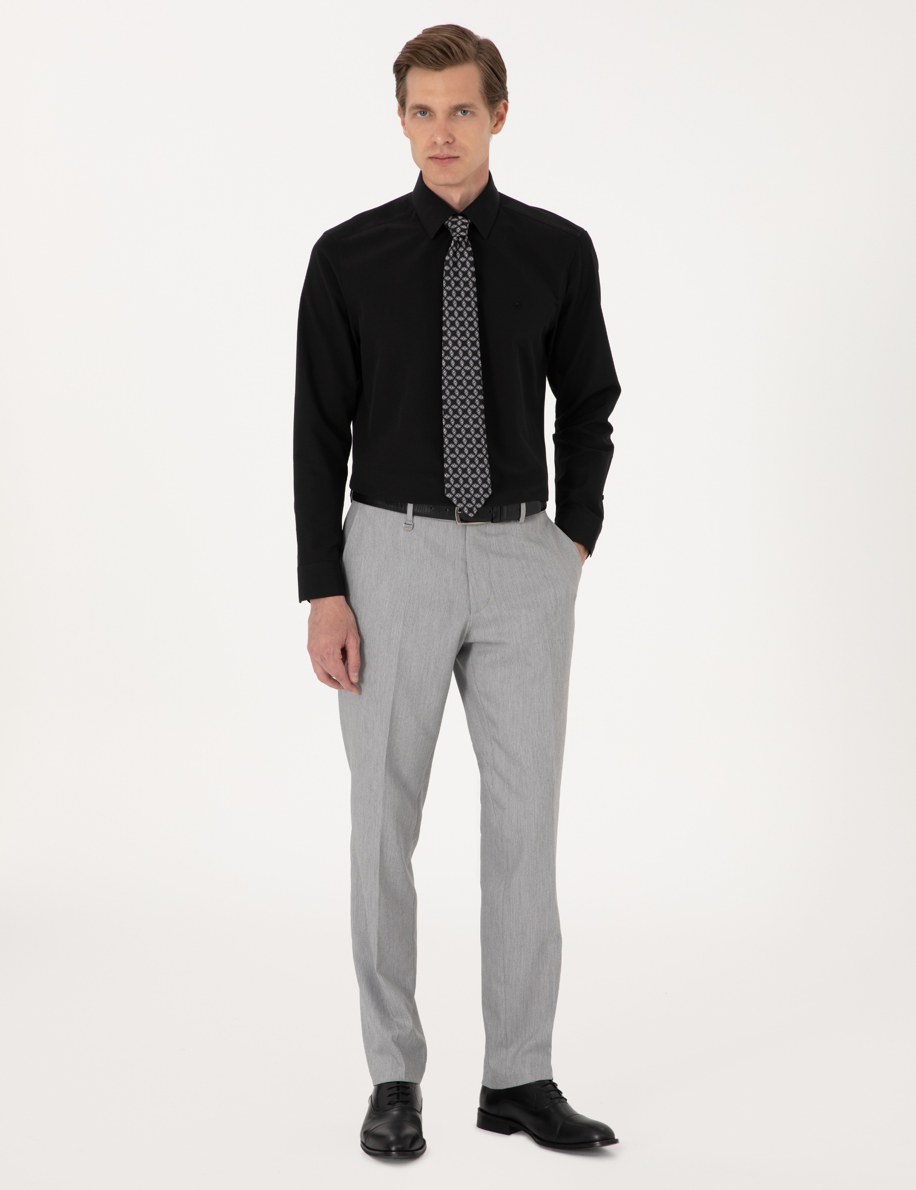Siyah Regular Fit Uzun Kollu Basic Gömlek - Image 5