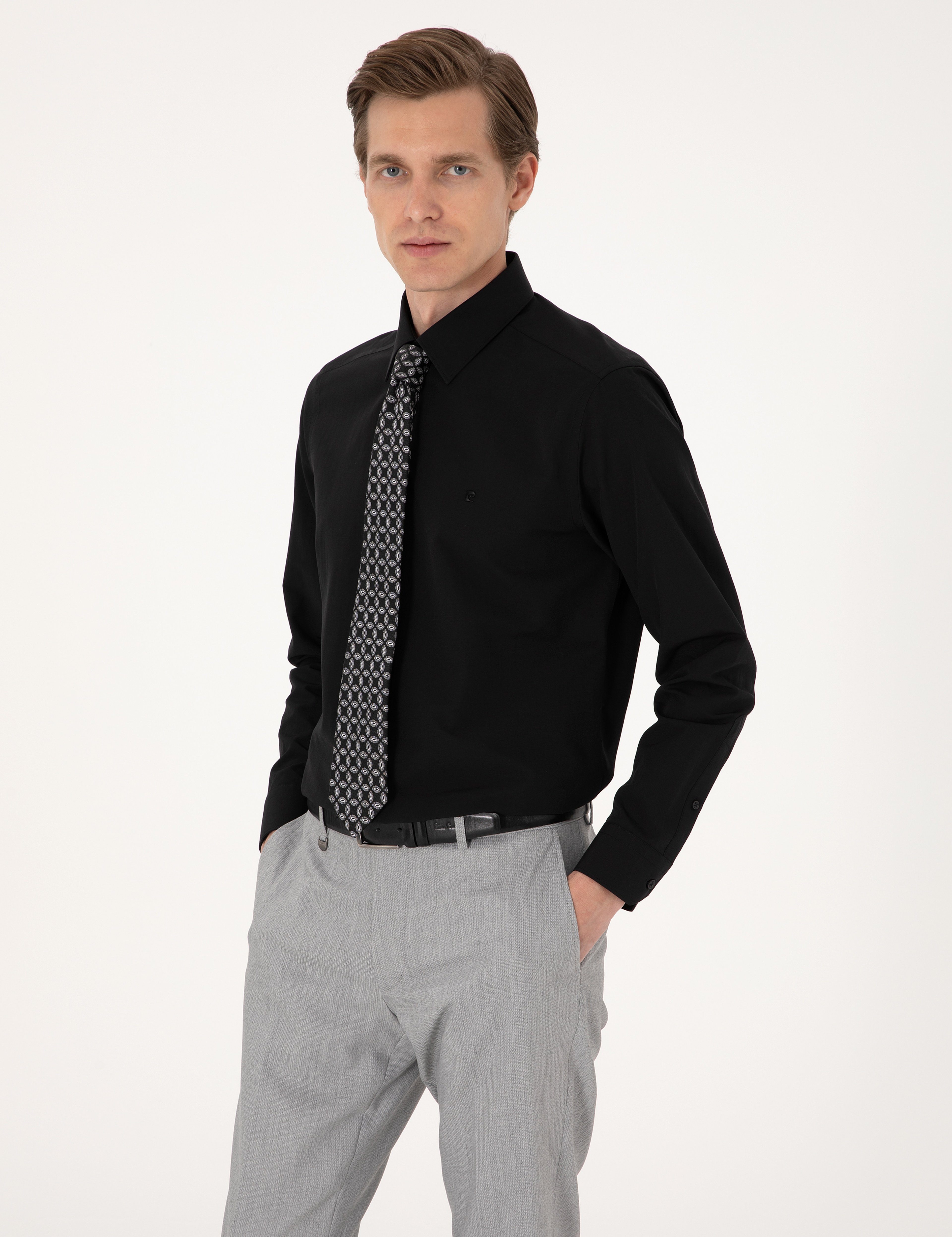 Siyah Regular Fit Uzun Kollu Basic Gömlek - Image 4