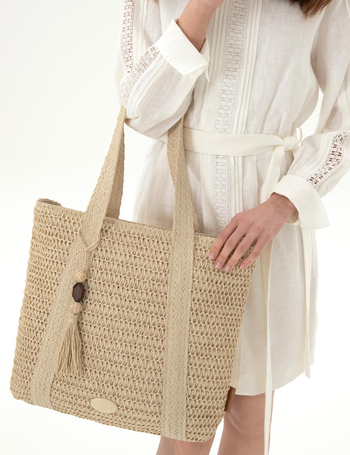 Bej Hasır Omuz Çanta - 50318367002