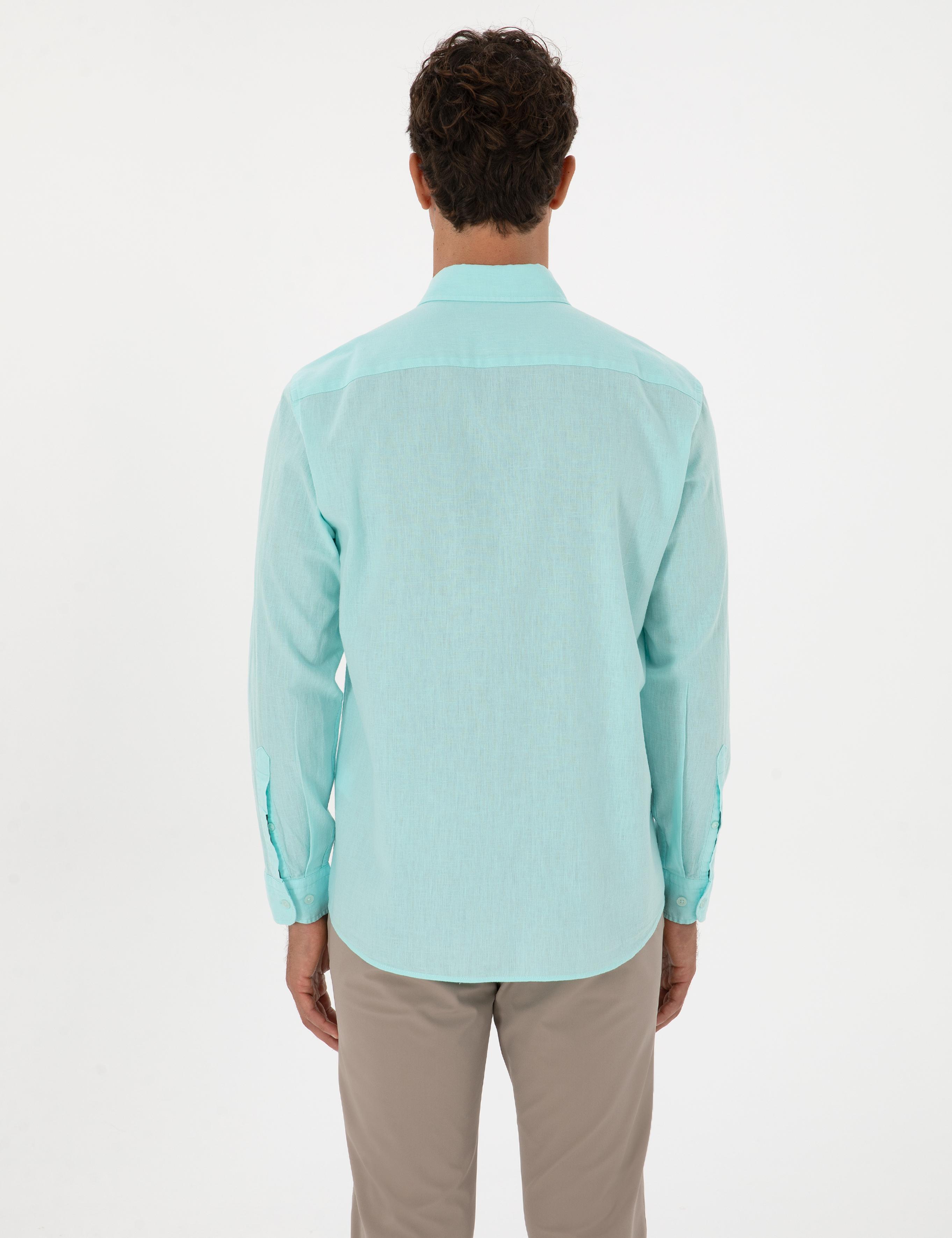 Nil Yeşili Keten Karışımlı Regular Fit Uzun Kollu Gömlek