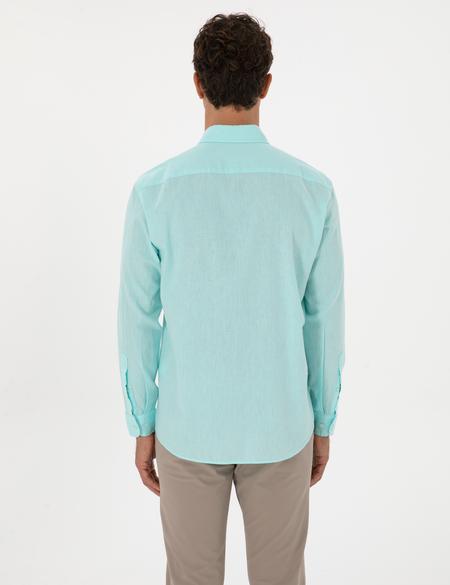 Nil Yeşili Keten Karışımlı Regular Fit Uzun Kollu Gömlek - 50303388037