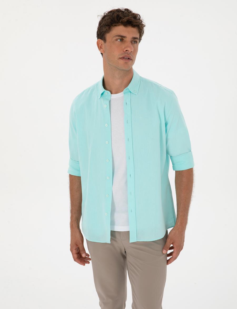 Nil Yeşili Keten Karışımlı Regular Fit Uzun Kollu Gömlek