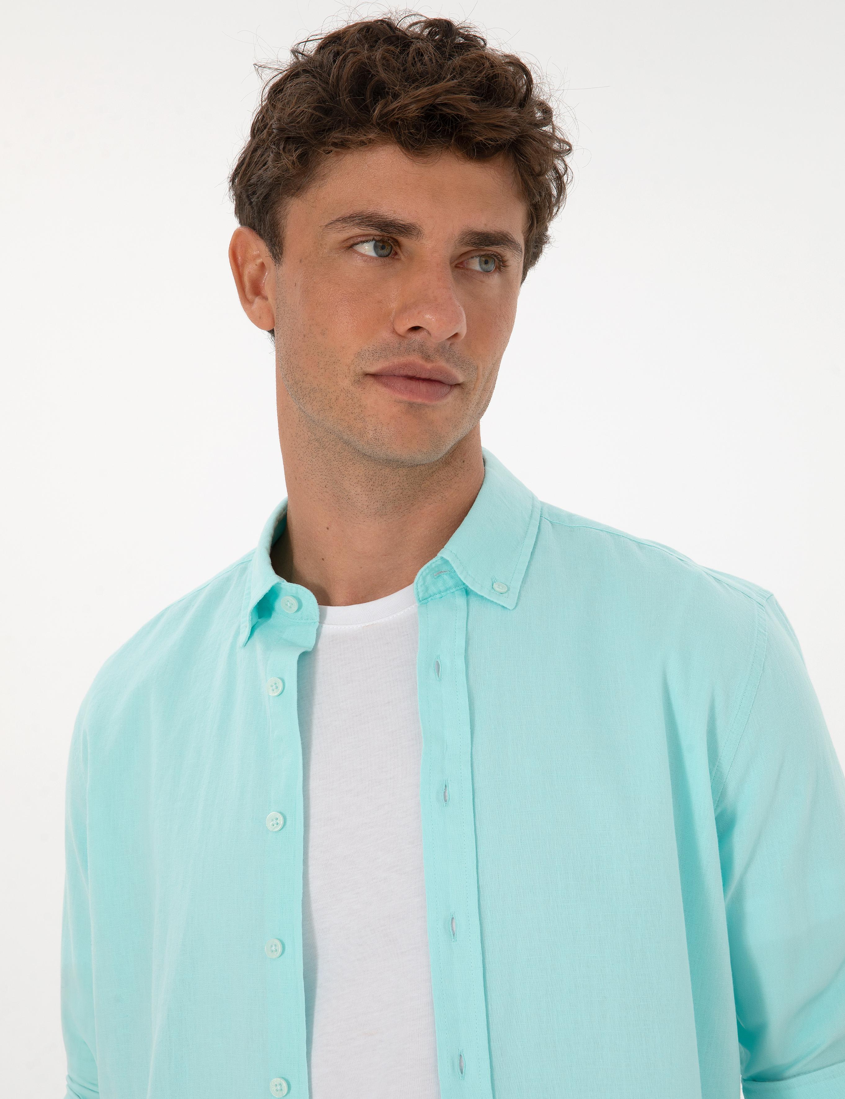 Nil Yeşili Keten Karışımlı Regular Fit Uzun Kollu Gömlek