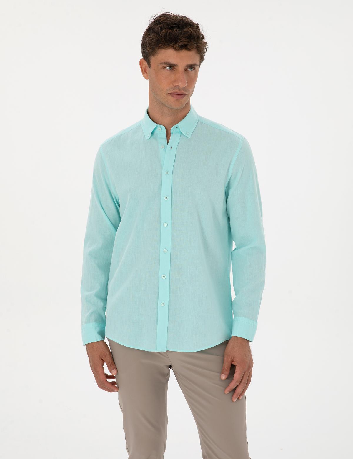 Nil Yeşili Keten Karışımlı Regular Fit Uzun Kollu Gömlek