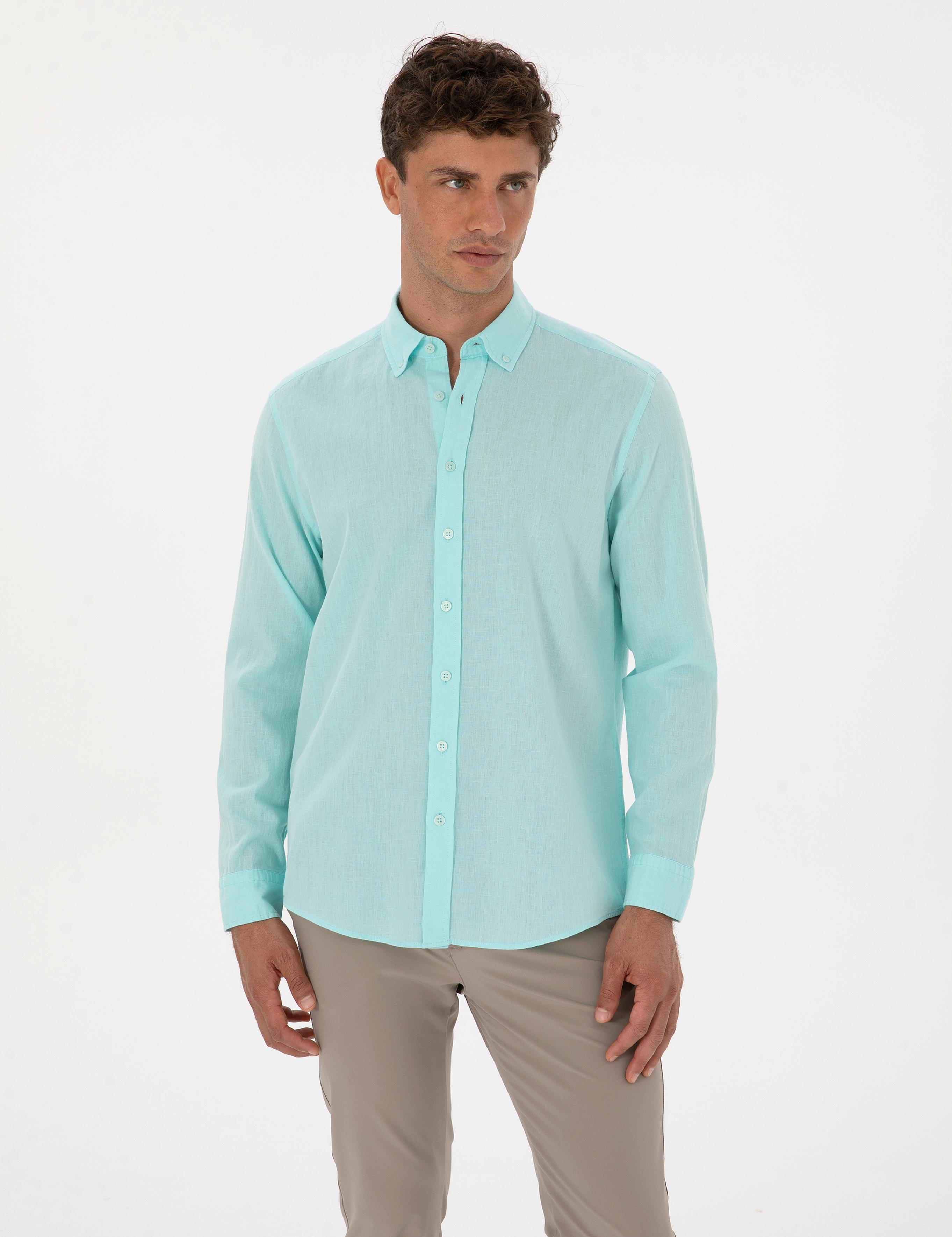 Nil Yeşili Keten Karışımlı Regular Fit Uzun Kollu Gömlek