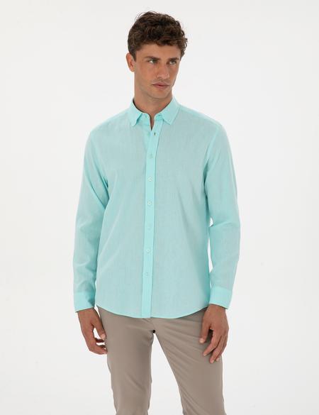 Nil Yeşili Keten Karışımlı Regular Fit Uzun Kollu Gömlek - 50303388037