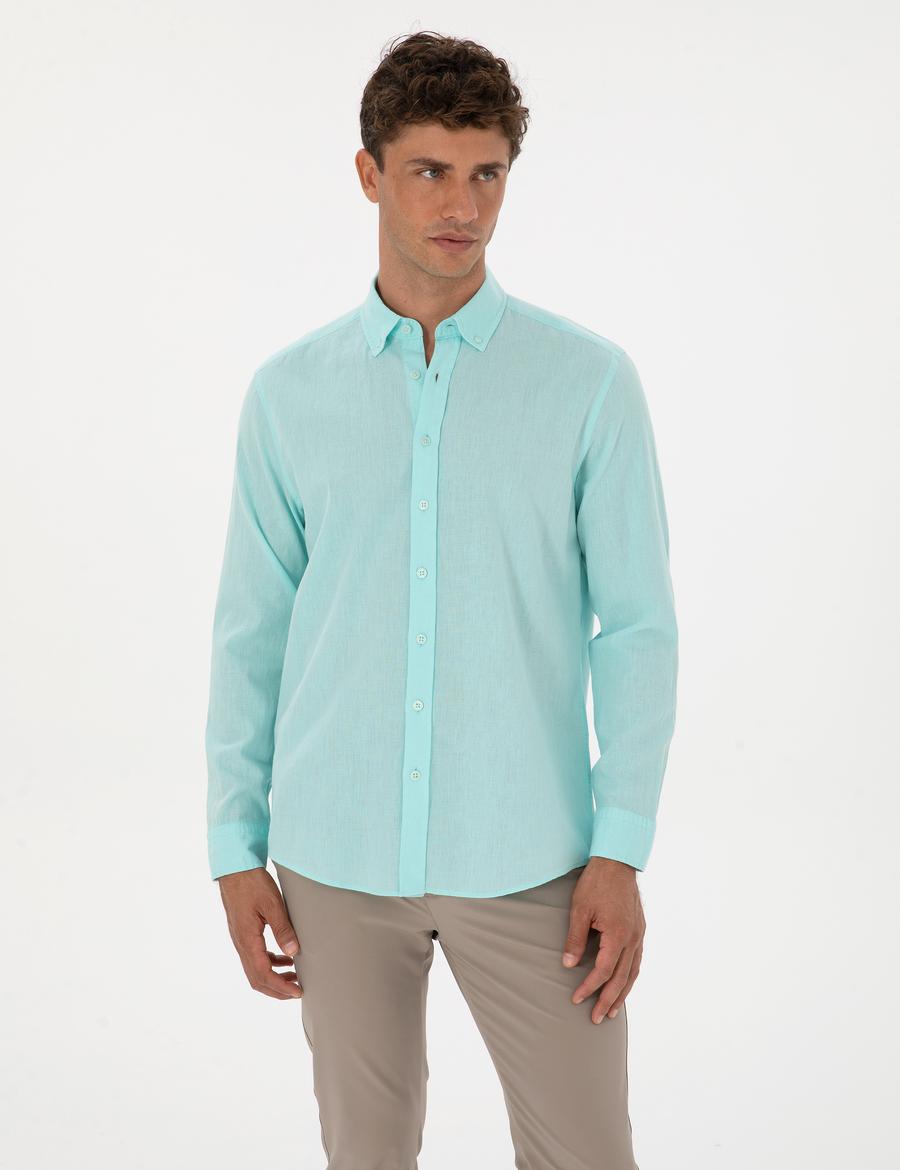 Nil Yeşili Keten Karışımlı Regular Fit Uzun Kollu Gömlek