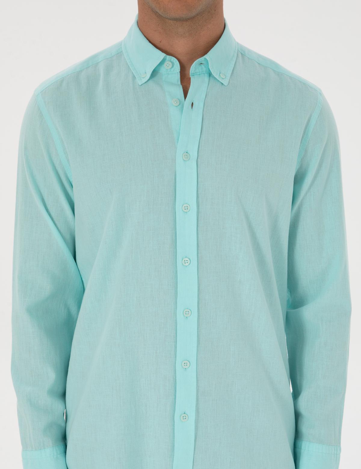 Nil Yeşili Keten Karışımlı Regular Fit Uzun Kollu Gömlek - 50303388037