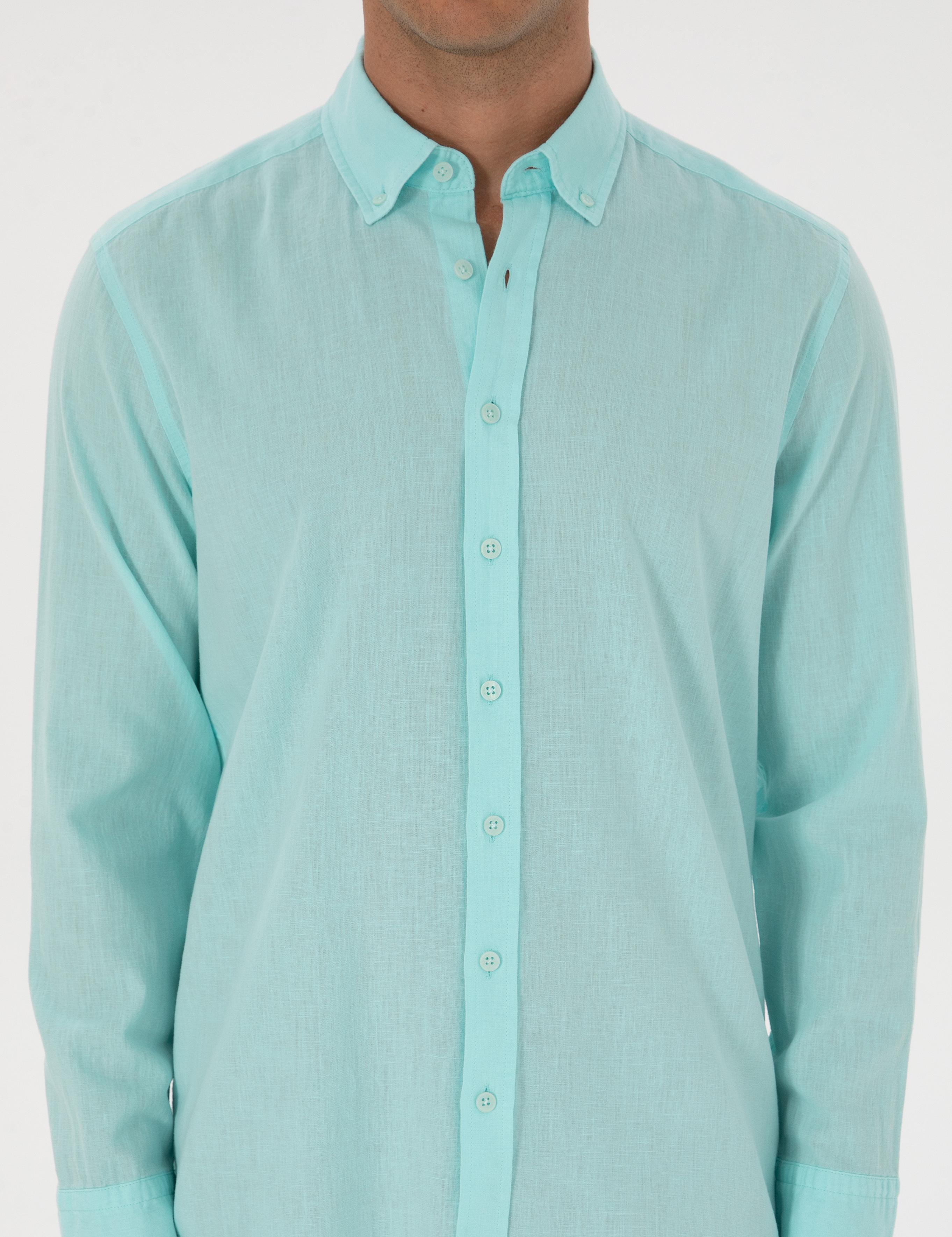 Nil Yeşili Keten Karışımlı Regular Fit Uzun Kollu Gömlek